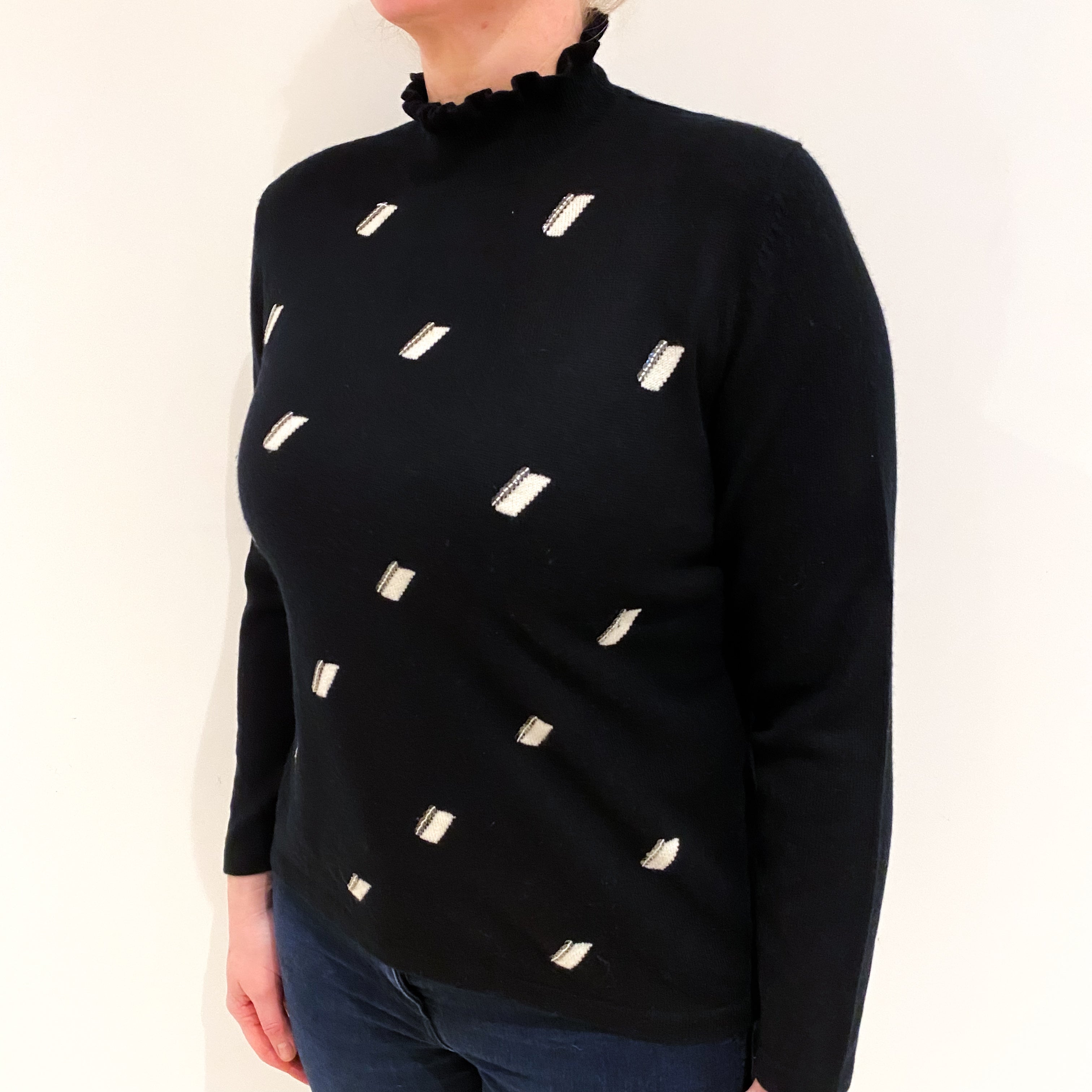 Black Cashmere Ruffle Turtle Neck Jumper Large