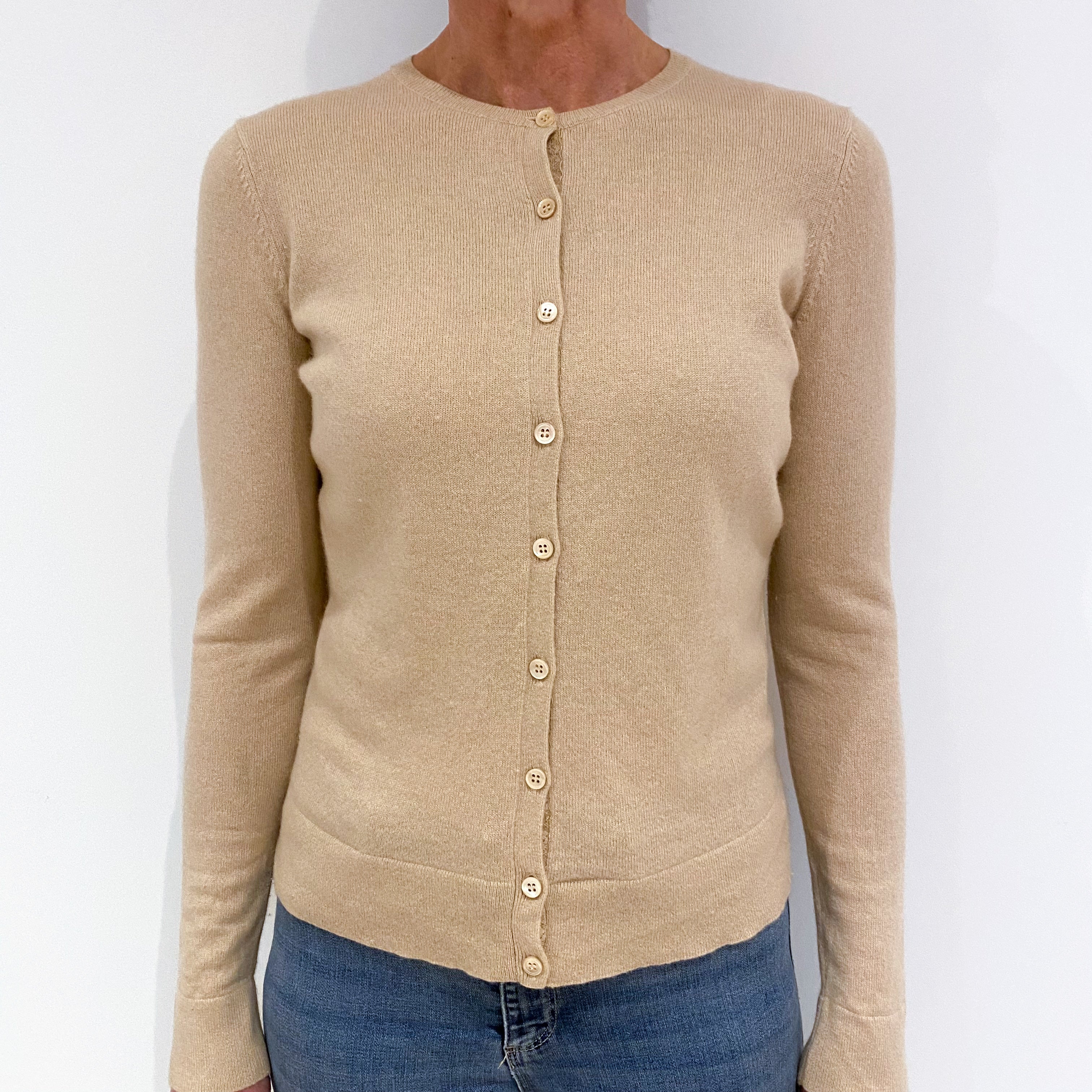Beige Cashmere Crew Neck Cardigan Small