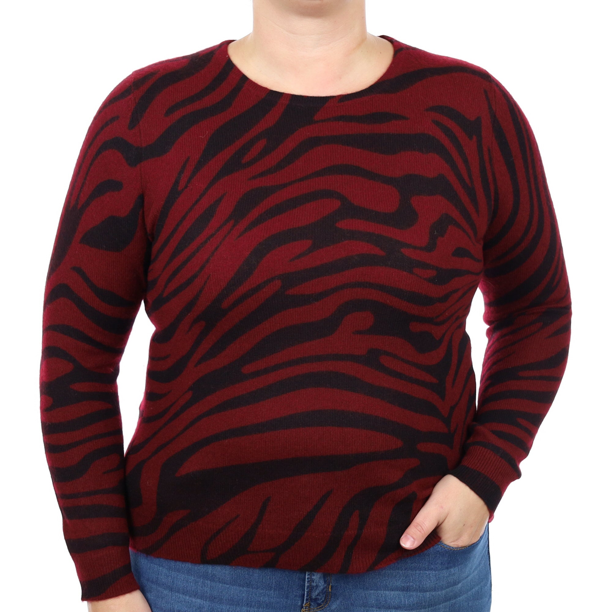 Burgundy and Black Zebra Cashmere Crew Neck Jumper Large