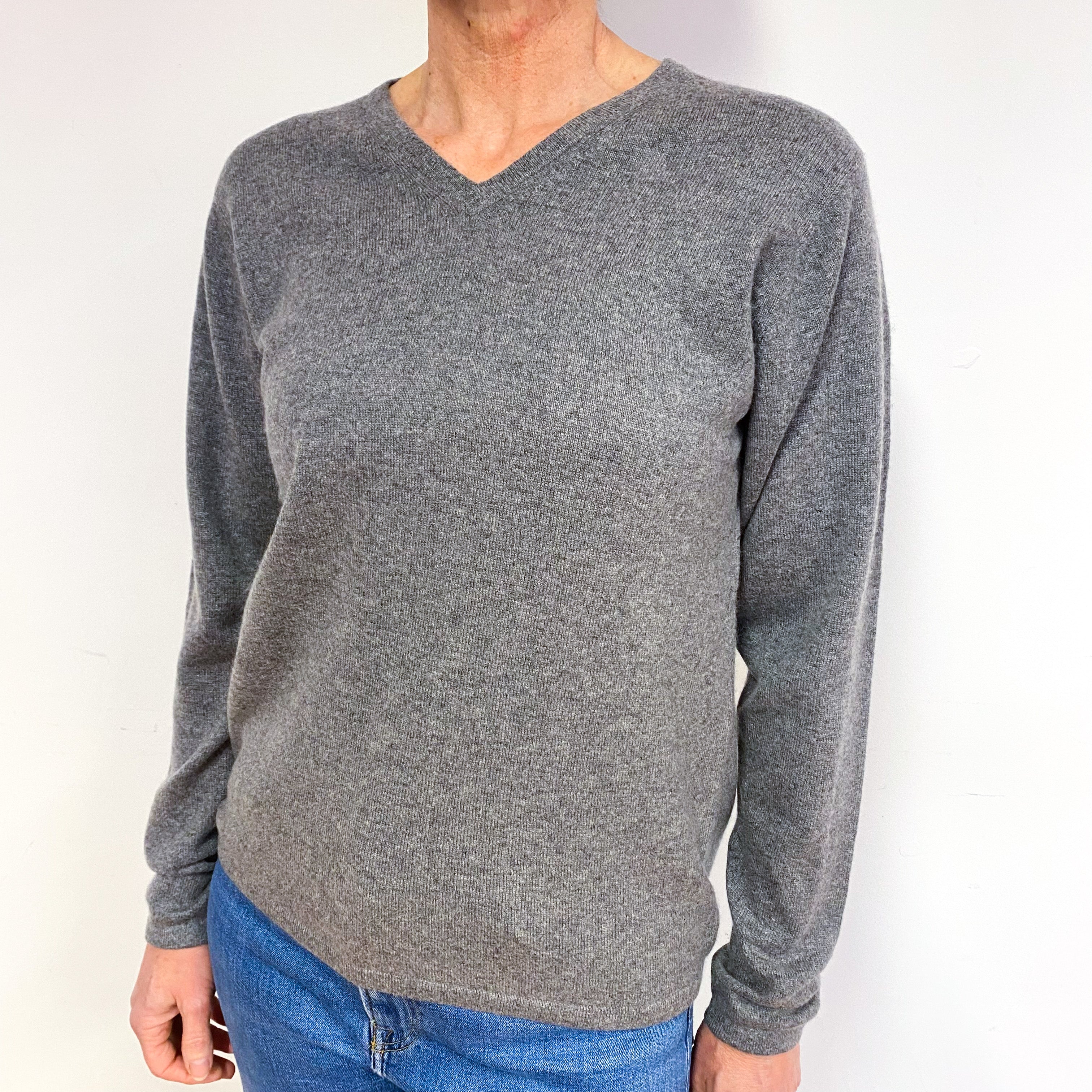 Smoke Grey Cashmere V-Neck Jumper Medium