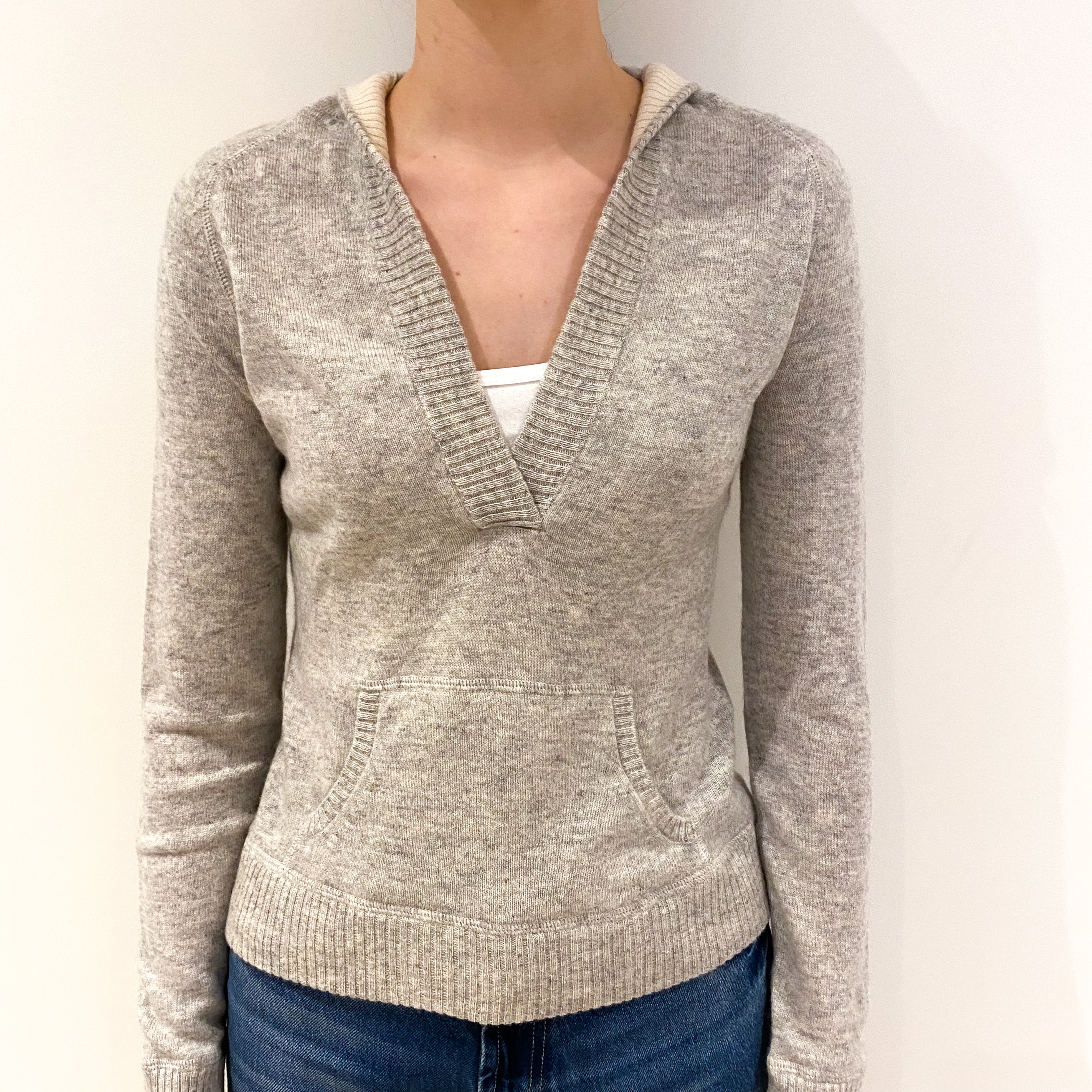 Smoke Grey Cashmere V-Neck Hooded Jumper Extra Small