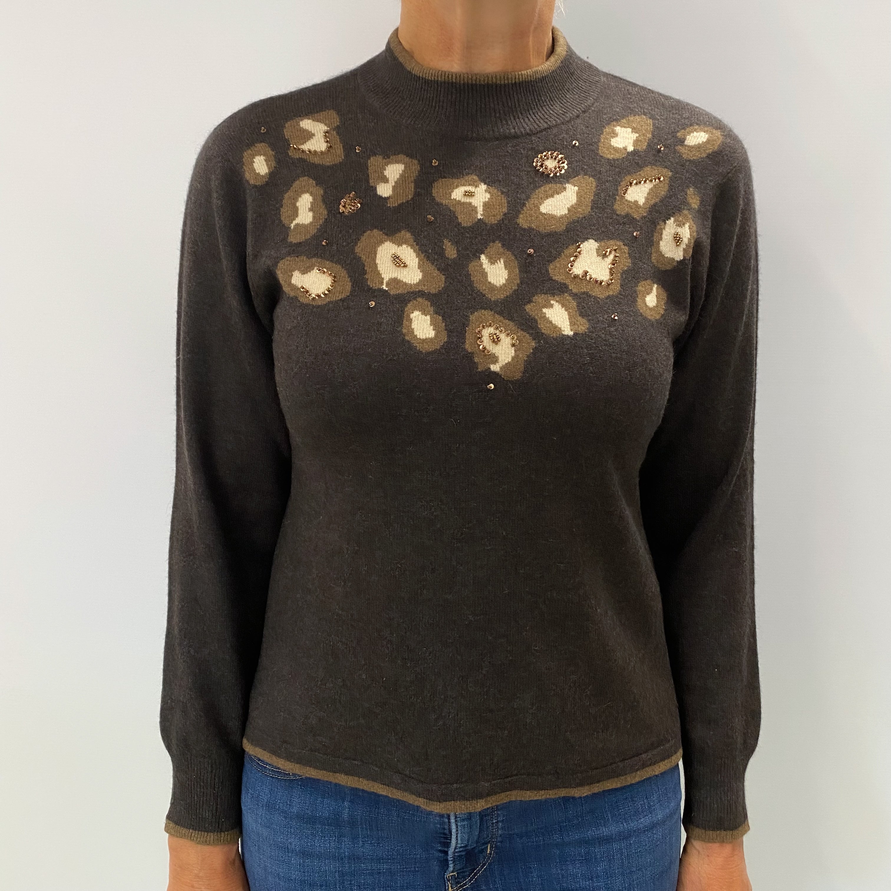 Mole Brown Patterned Cashmere Turtle Neck Jumper Medium
