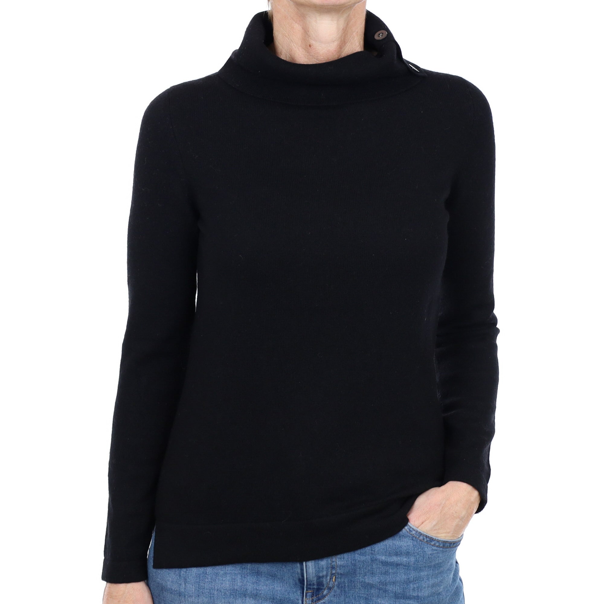 Black Cashmere Buttoned Polo Neck Jumper Small