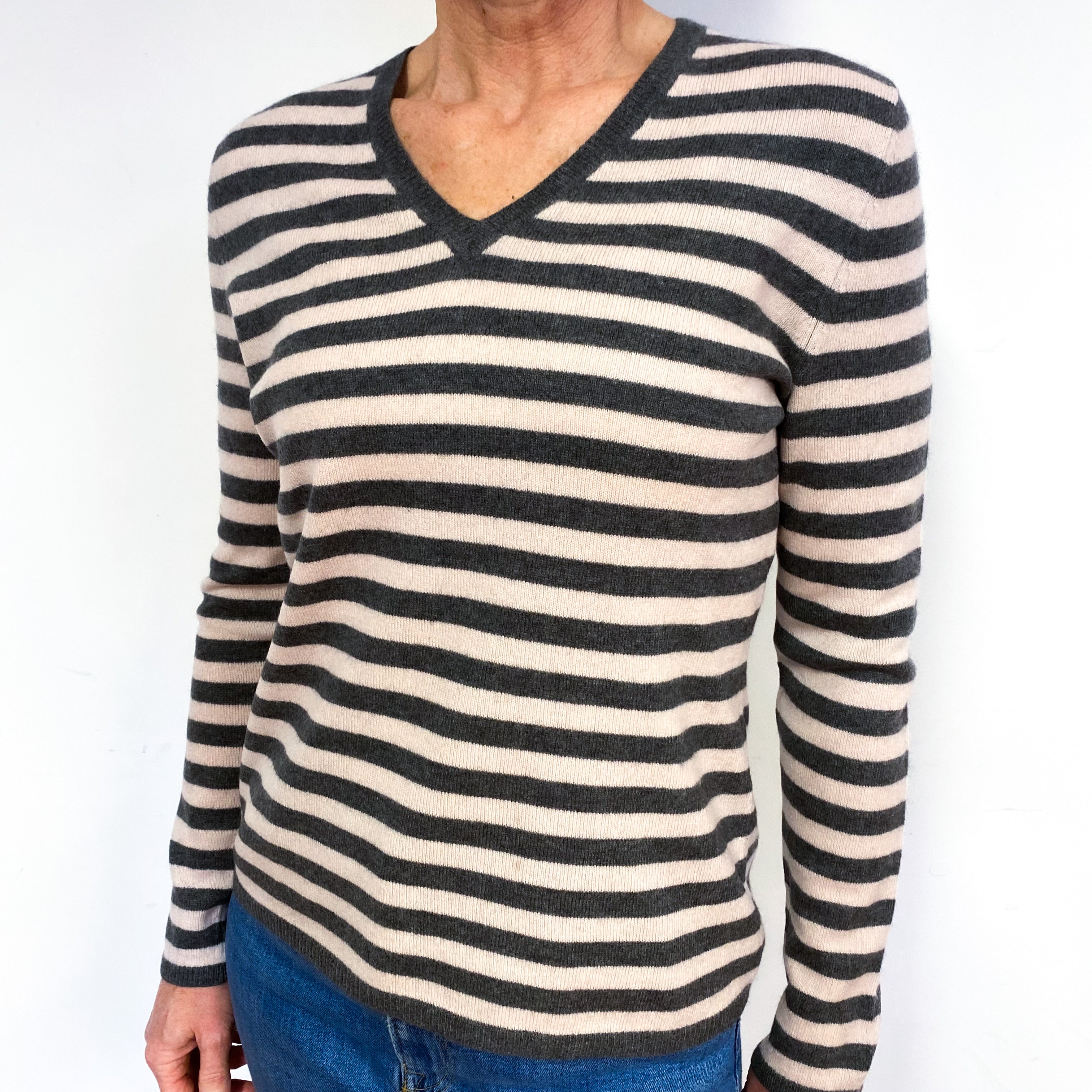 Slate Grey And Ice Pink Cashmere V-Neck Jumper Medium