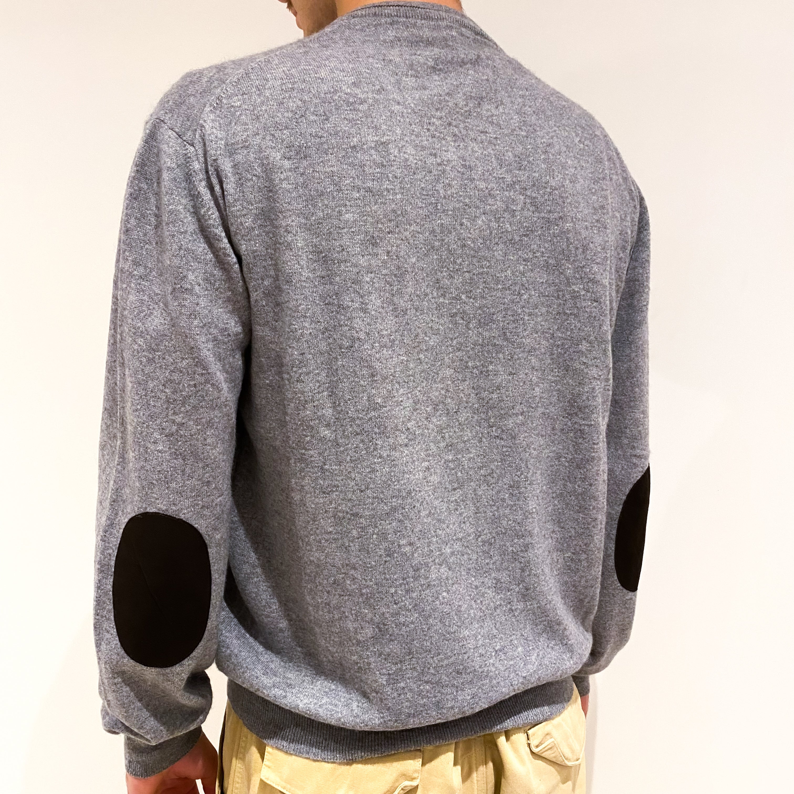 Men's Ash Grey Elbow Patch Cashmere V-Neck Jumper Large