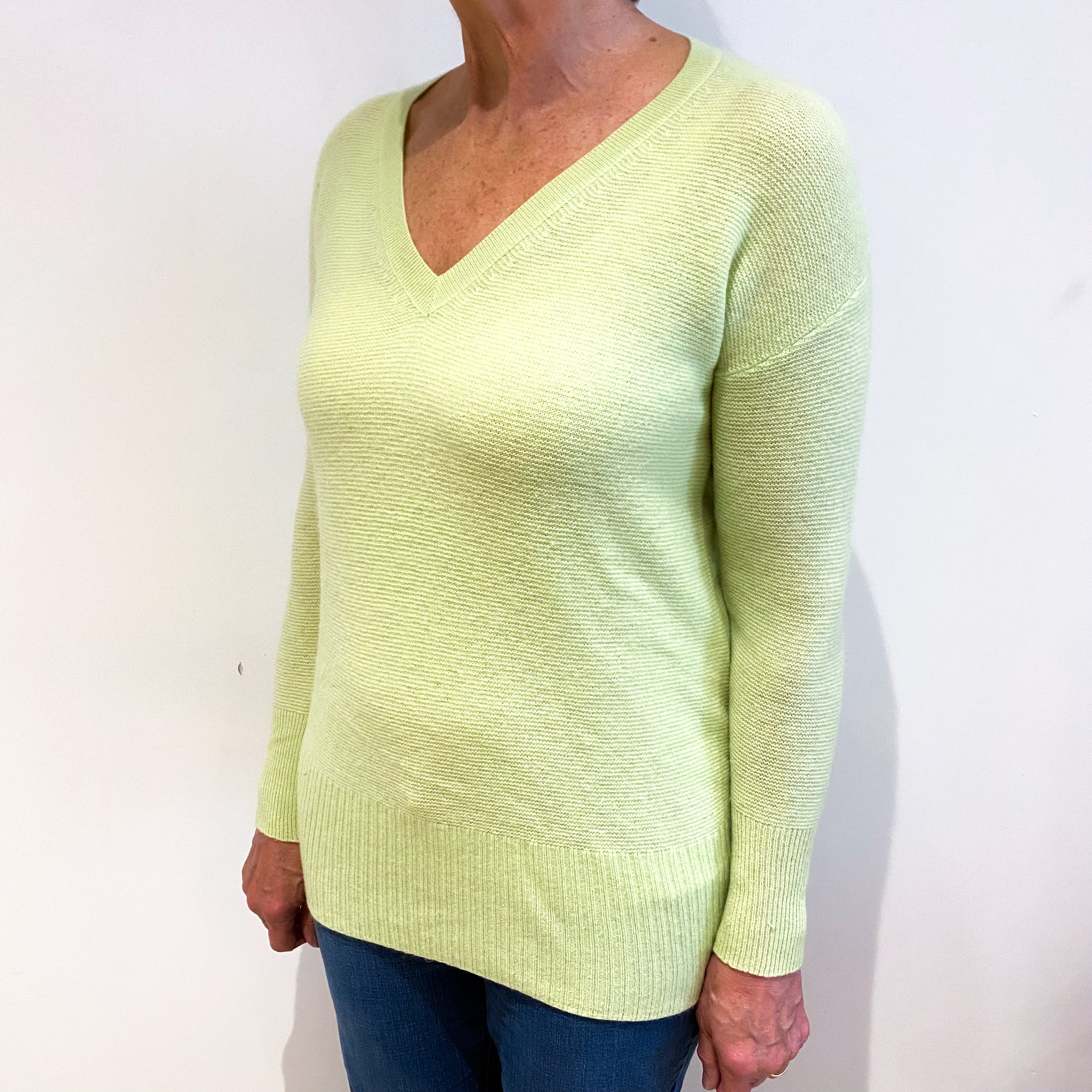 Bright Lime Green Cashmere V Neck Textured Knit Jumper Medium