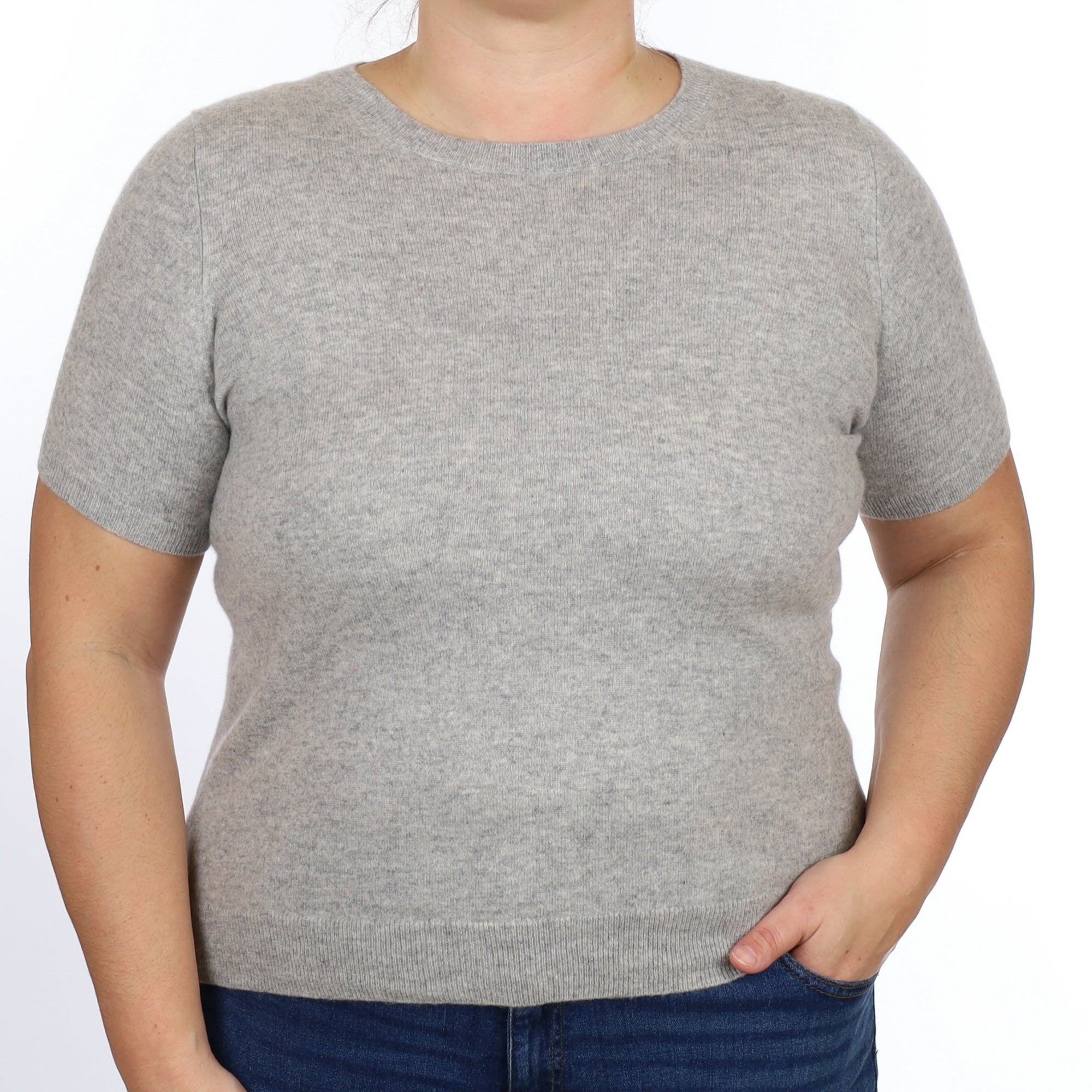 Smoke Grey Cashmere Short Sleeve Crew Neck Jumper Large