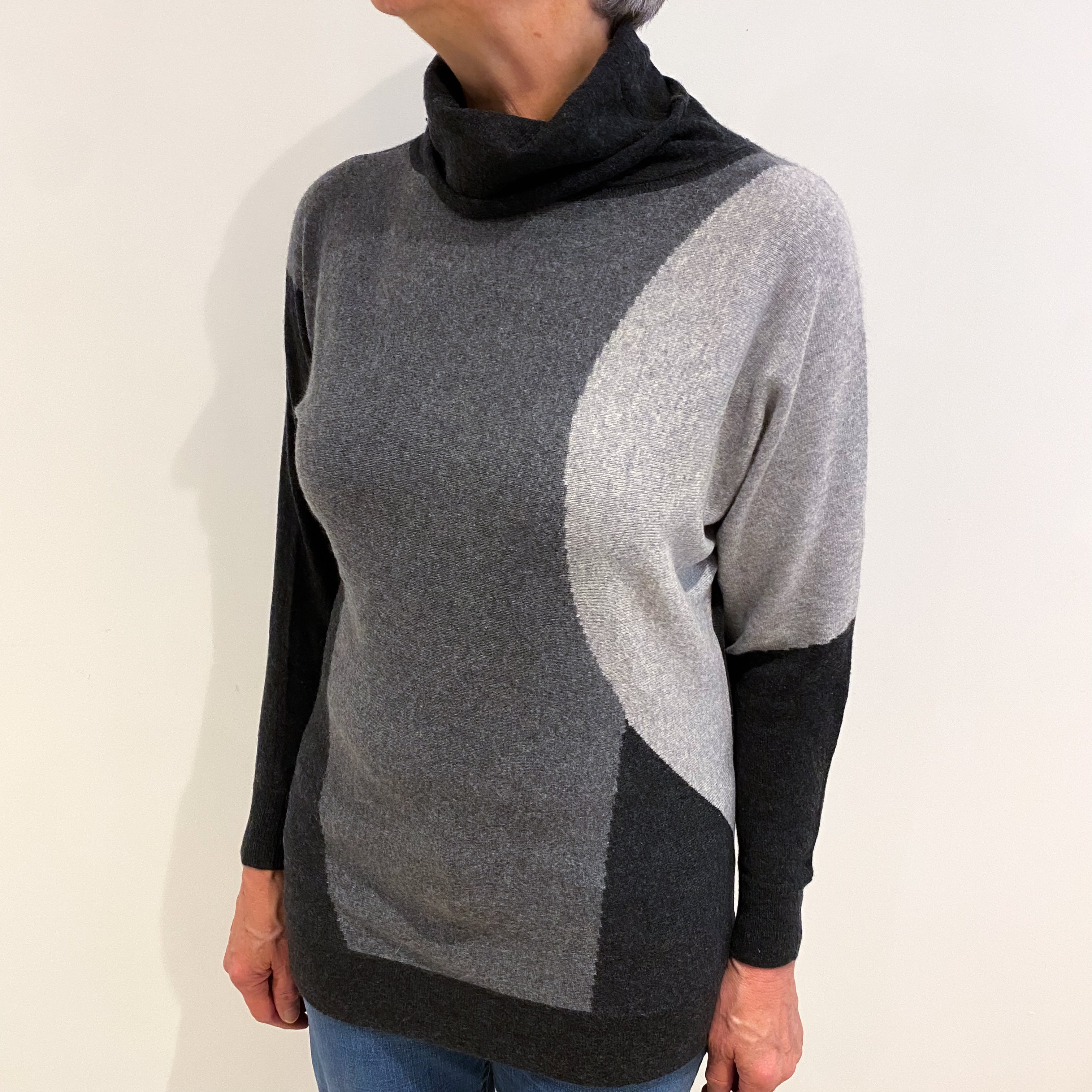 Grey Colour Blocked Cashmere Roll Neck Batwing Jumper Medium