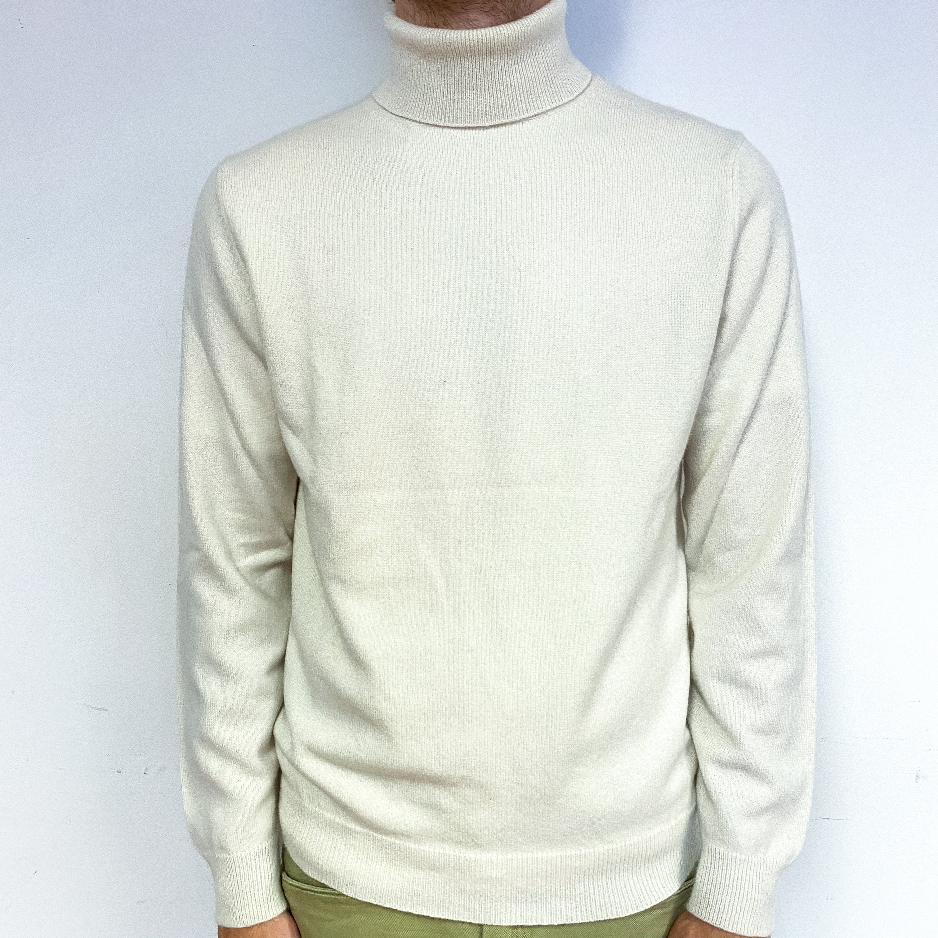 Men's Cream Cashmere Polo Neck Jumper Medium