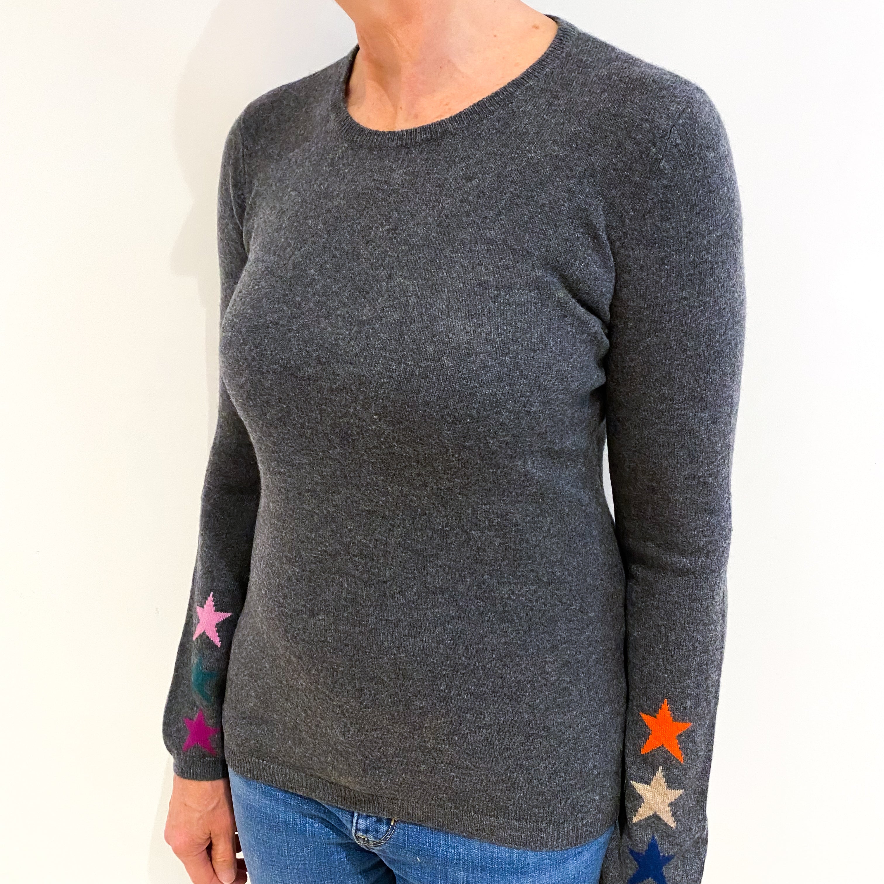 Slate Grey With Stars Cashmere Crew Neck Jumper Medium