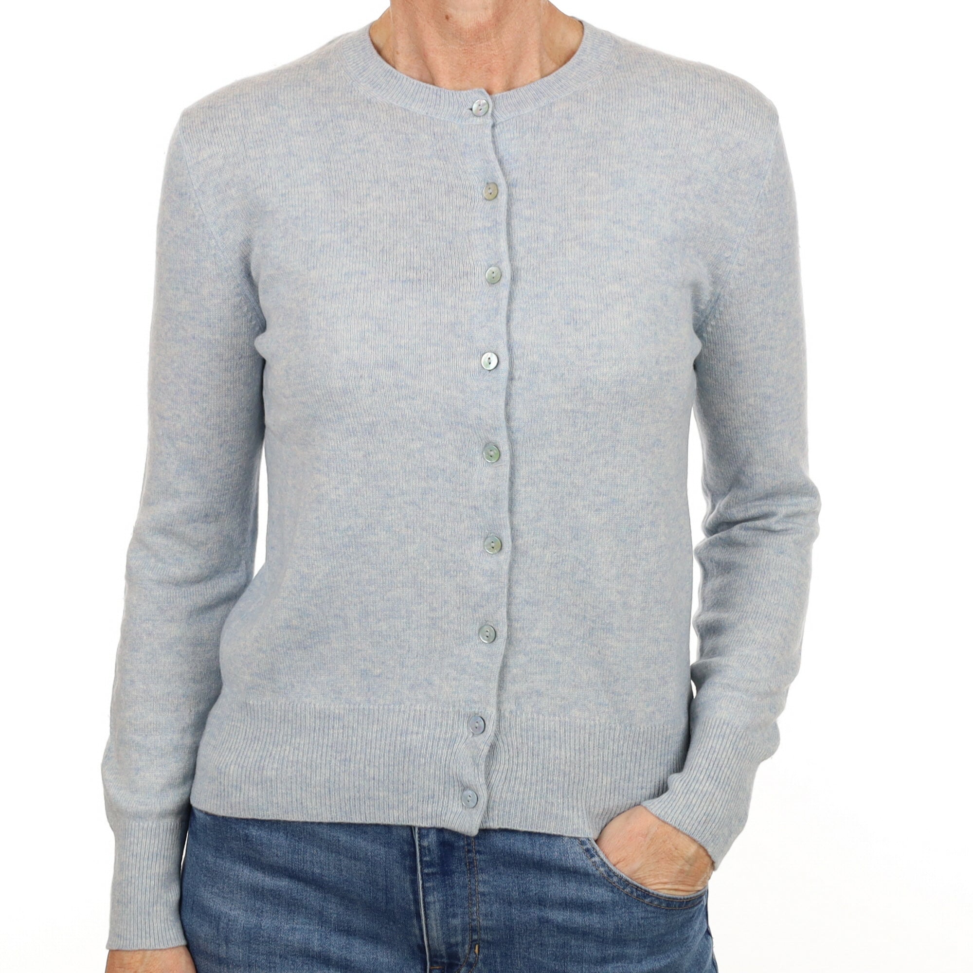 Opal Blue Marl Cashmere Crew Neck Cardigan Small