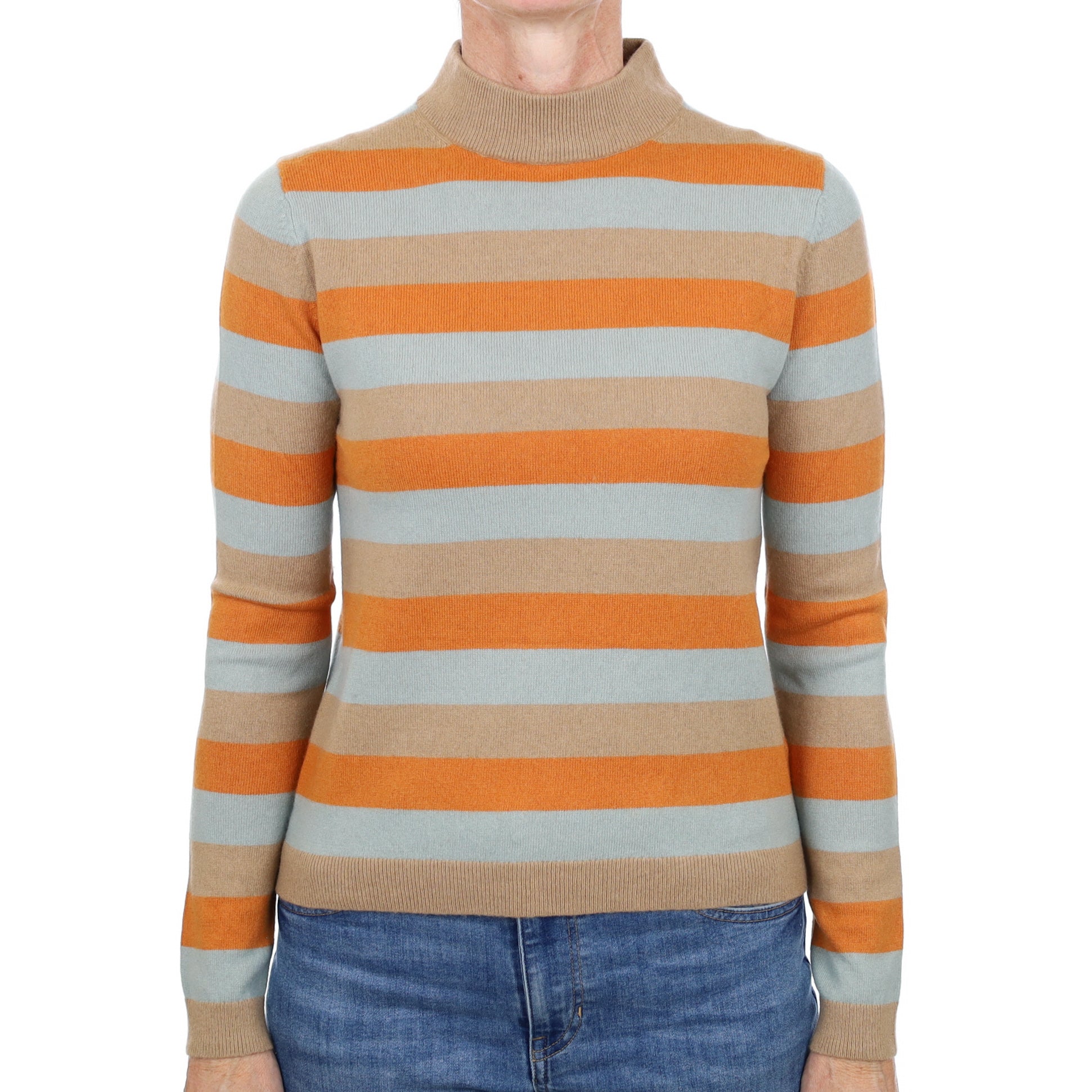 Camel Brown and Blue Striped Cashmere Turtle Neck Jumper Small