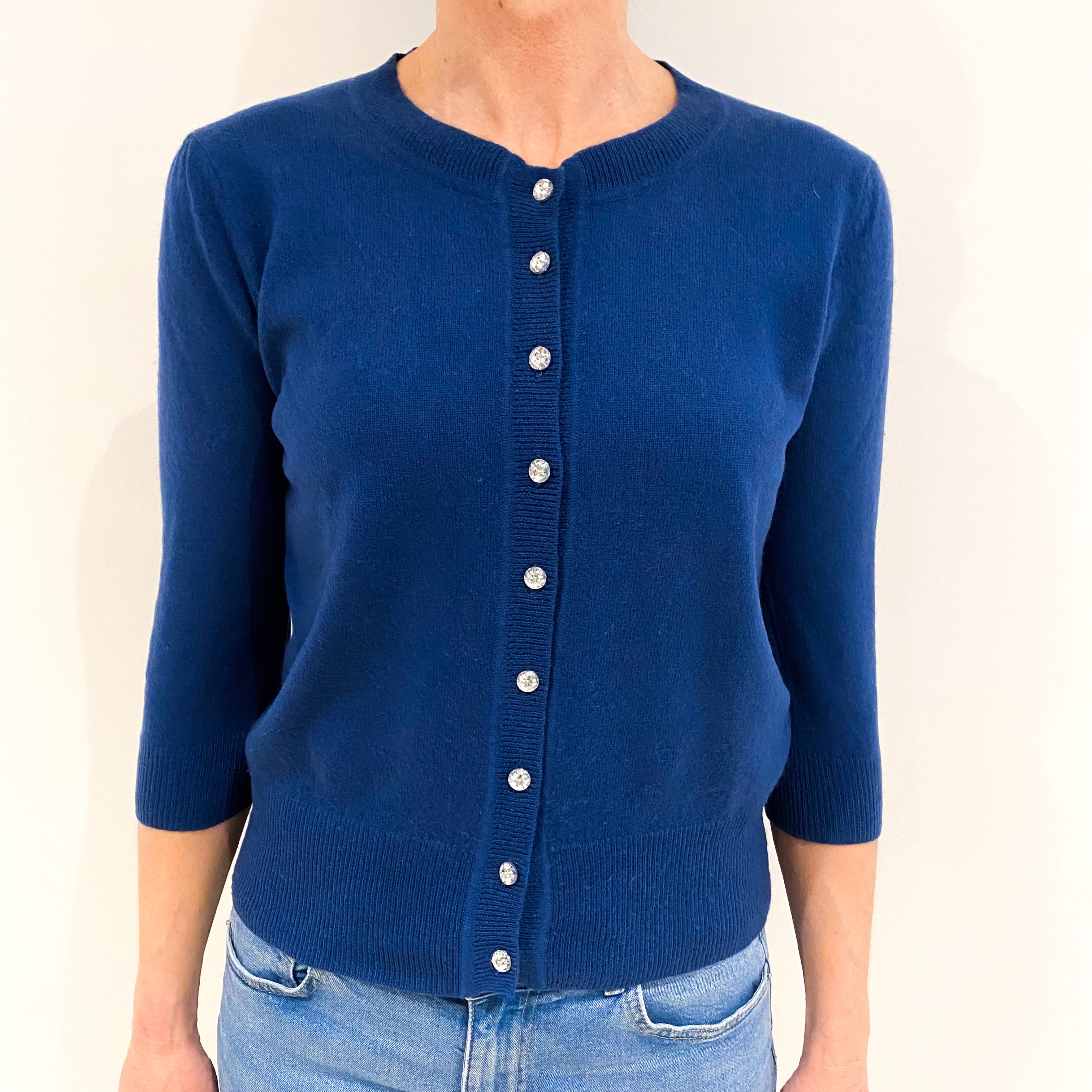 Light Navy Cashmere Crew Neck Cardigan Small