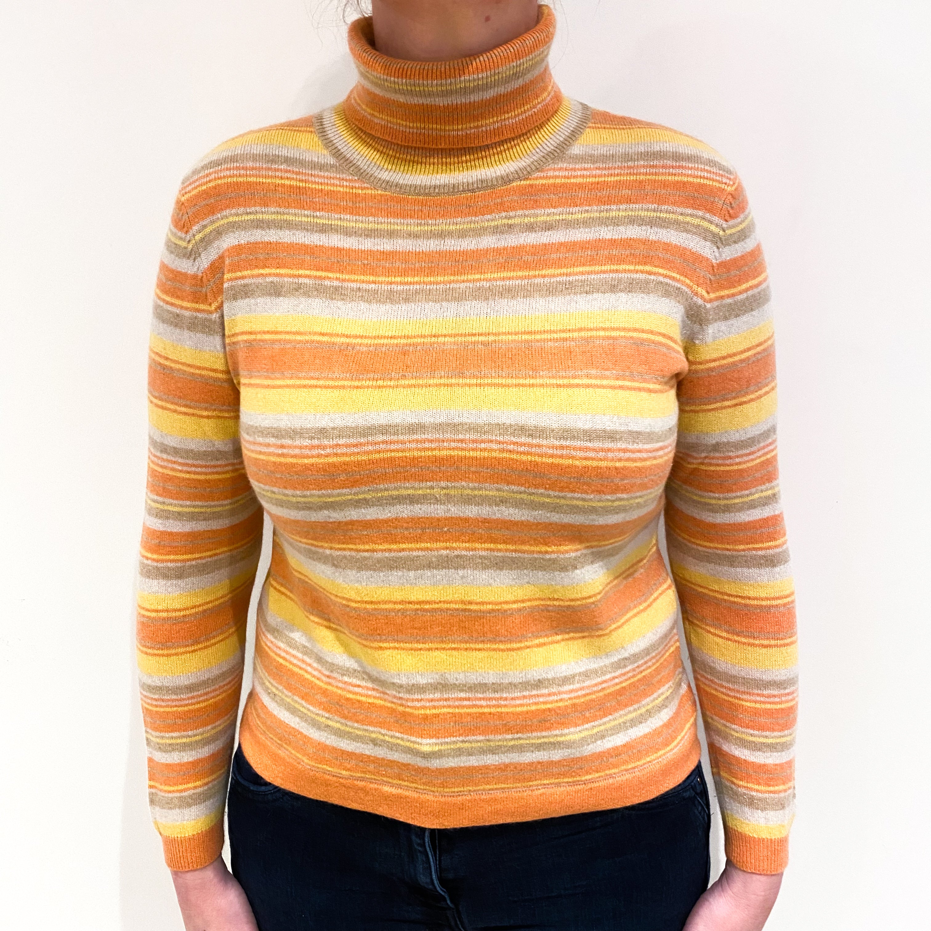 Orange and Yellow Stripe Cashmere Polo Neck Jumper Large