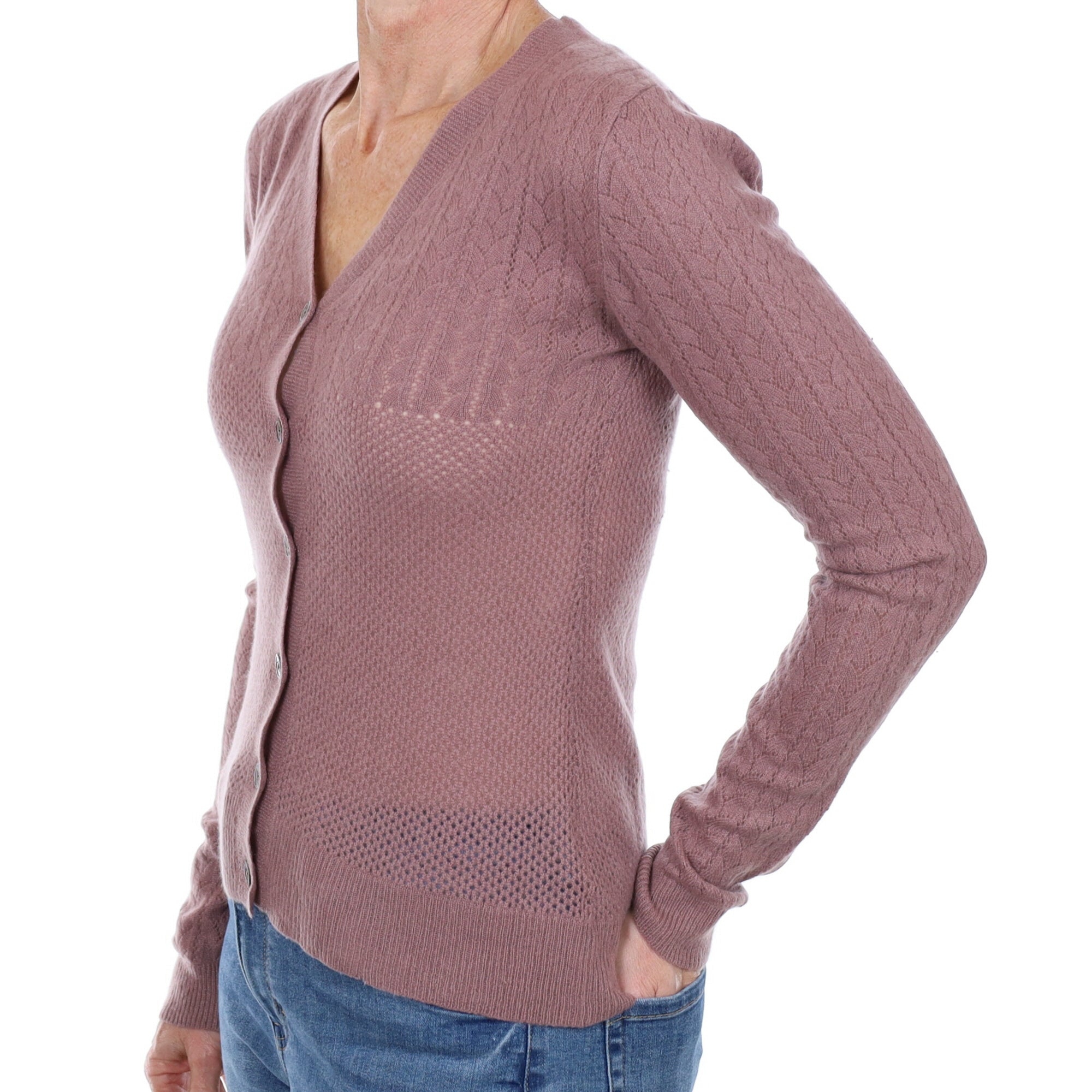 Dusky Heather Pink Cashmere V Neck Cardigan Small