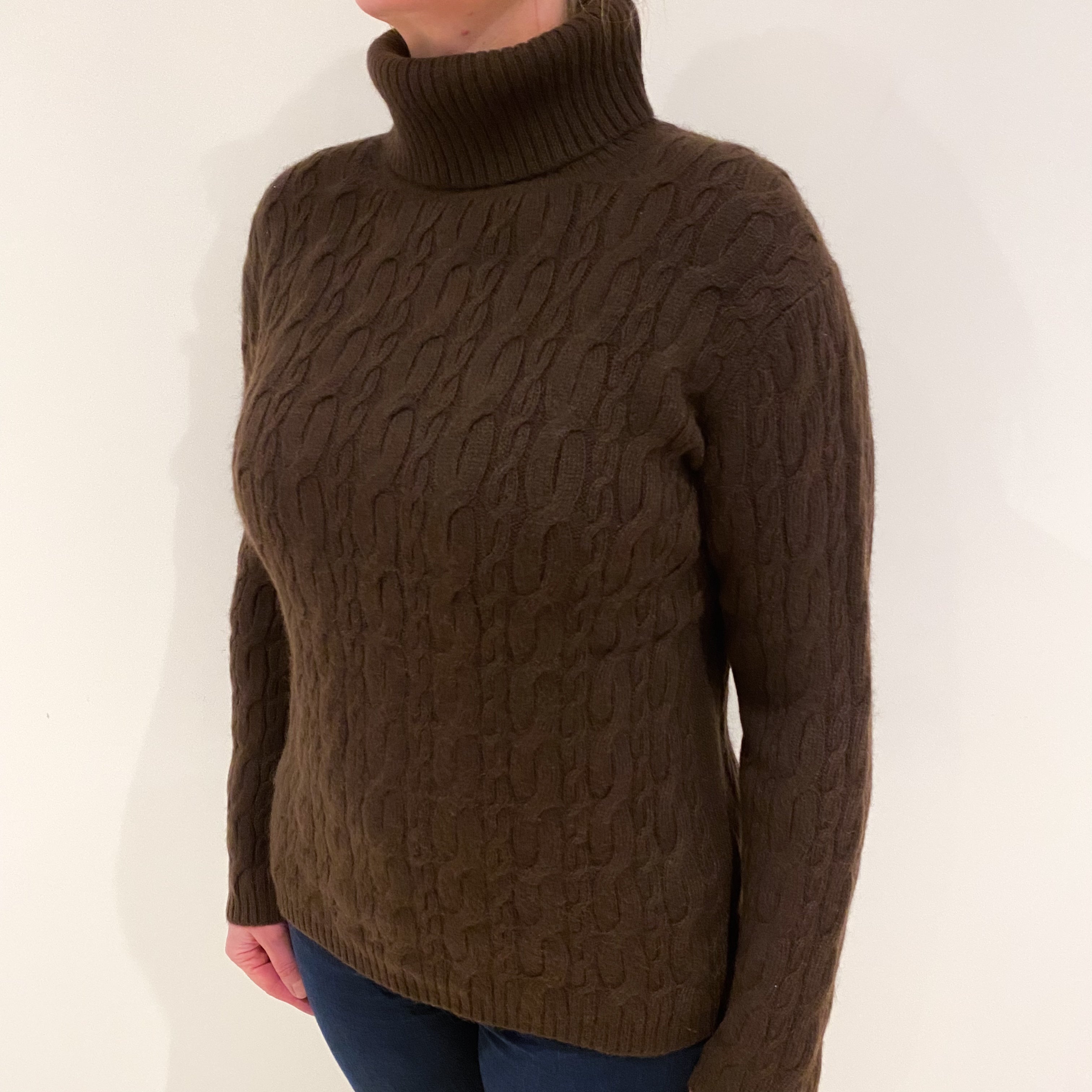 Chocolate Brown Chunky Cable Cashmere Polo Neck Jumper Large