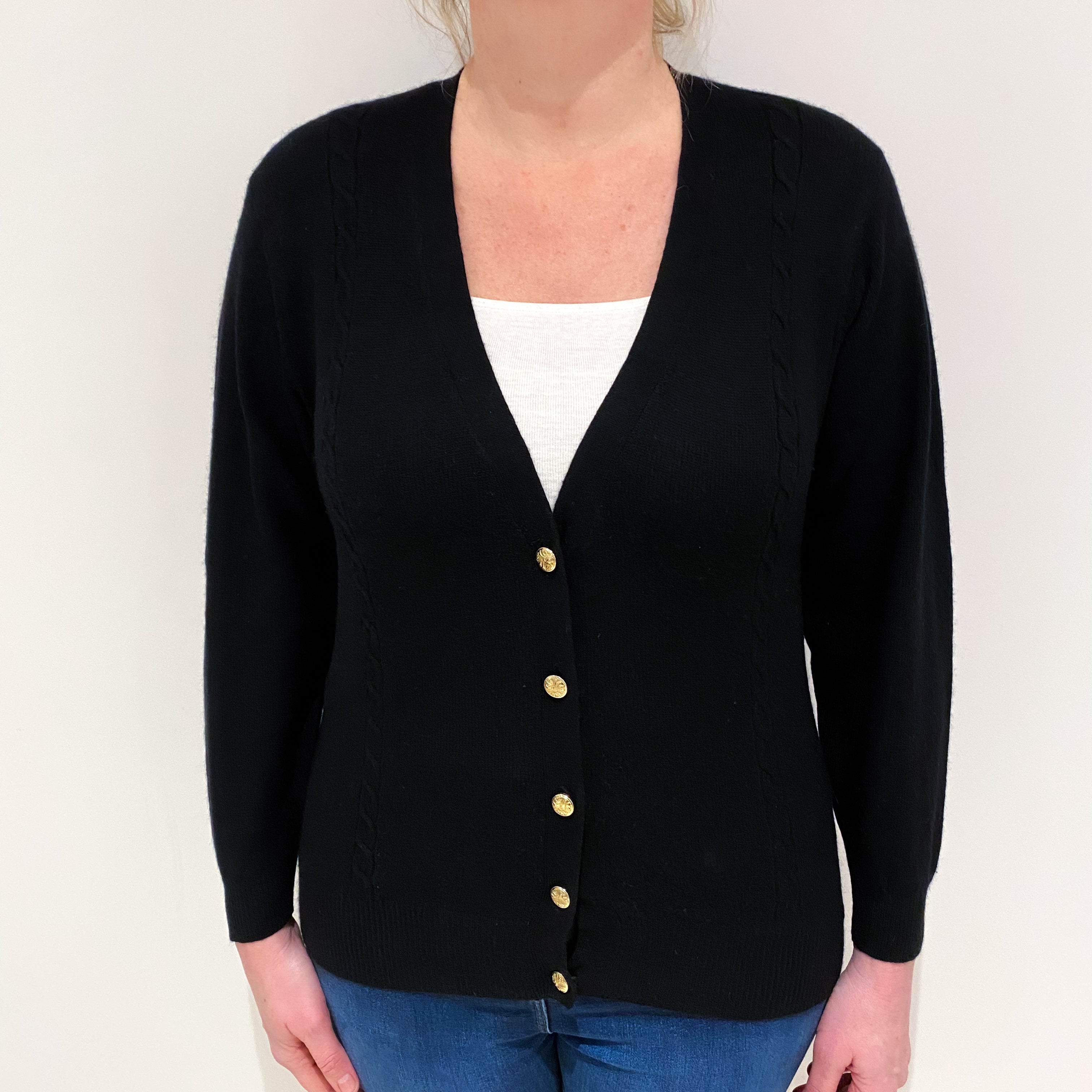 Black Cable Detail Cashmere V Neck Cardigan Large