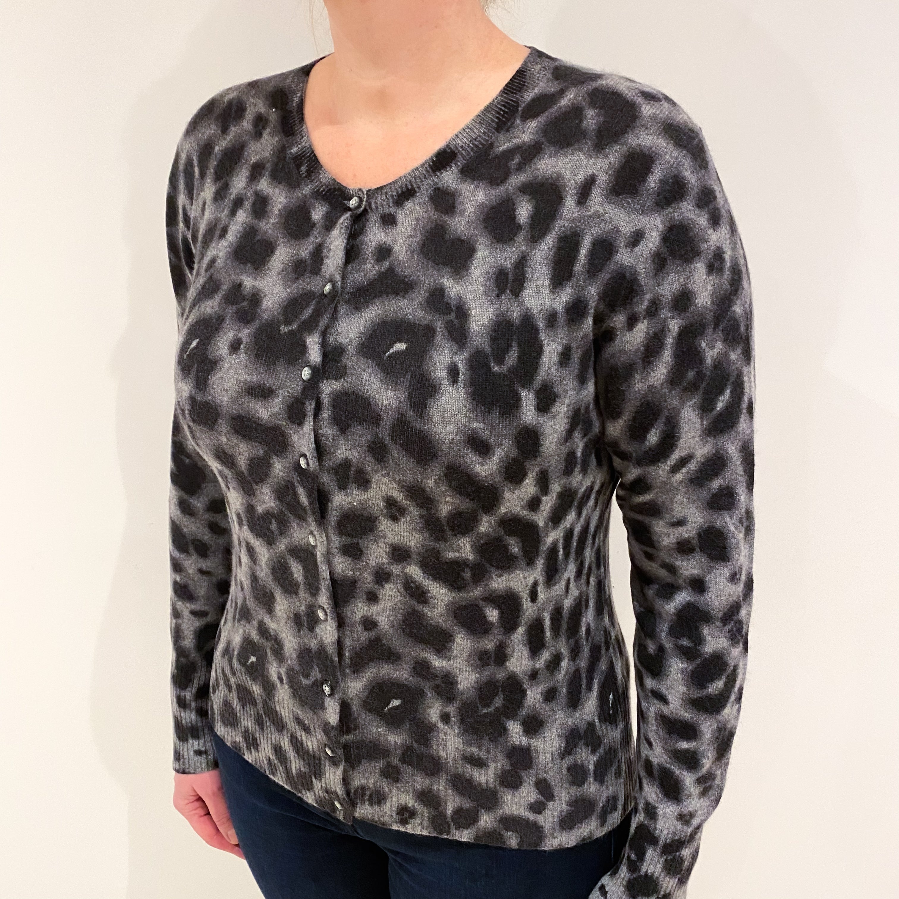 Grey Leopard Print Cashmere Crew Neck Cardigan Large