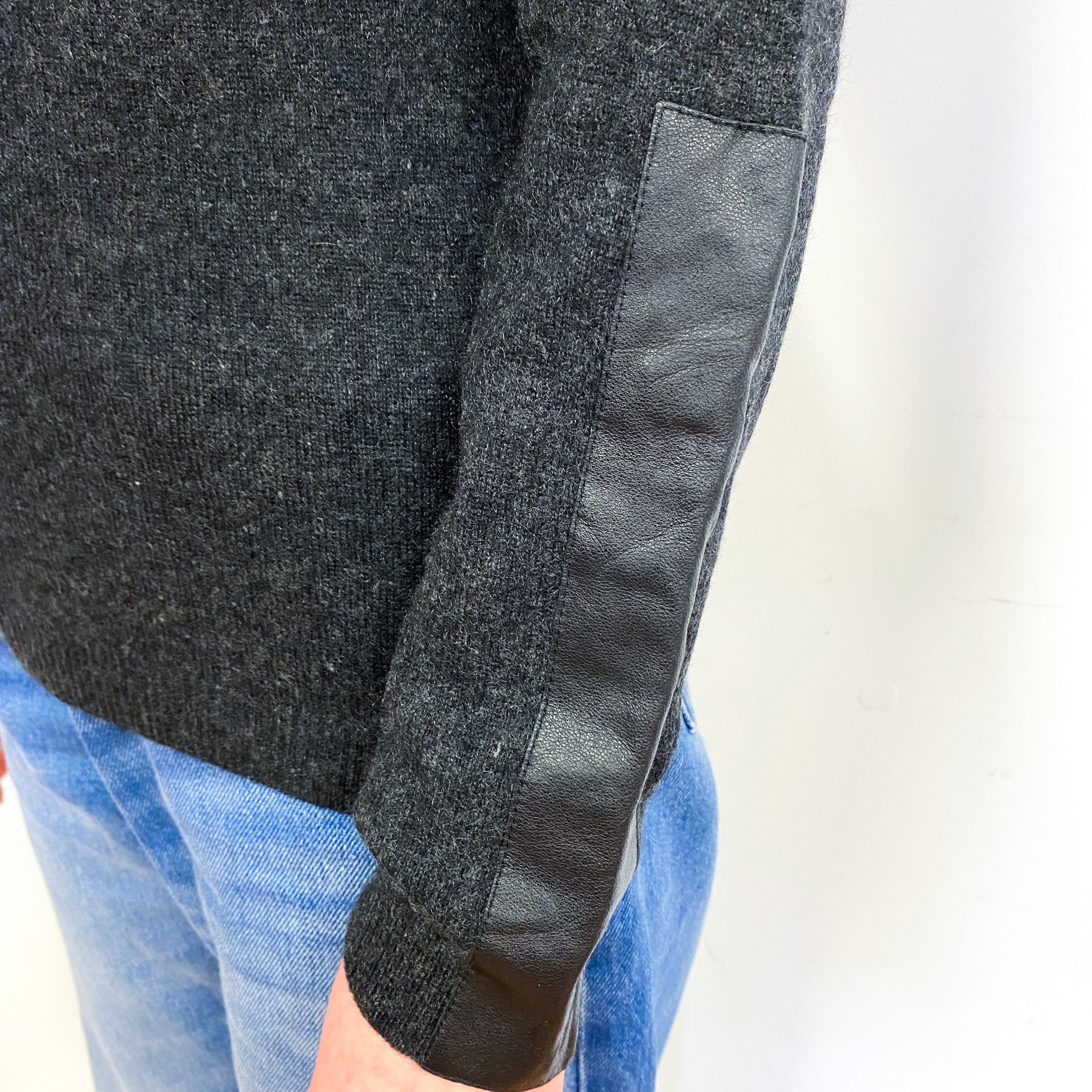 Charcoal Grey Leather Patch Cashmere Crew Neck Jumper Extra Small