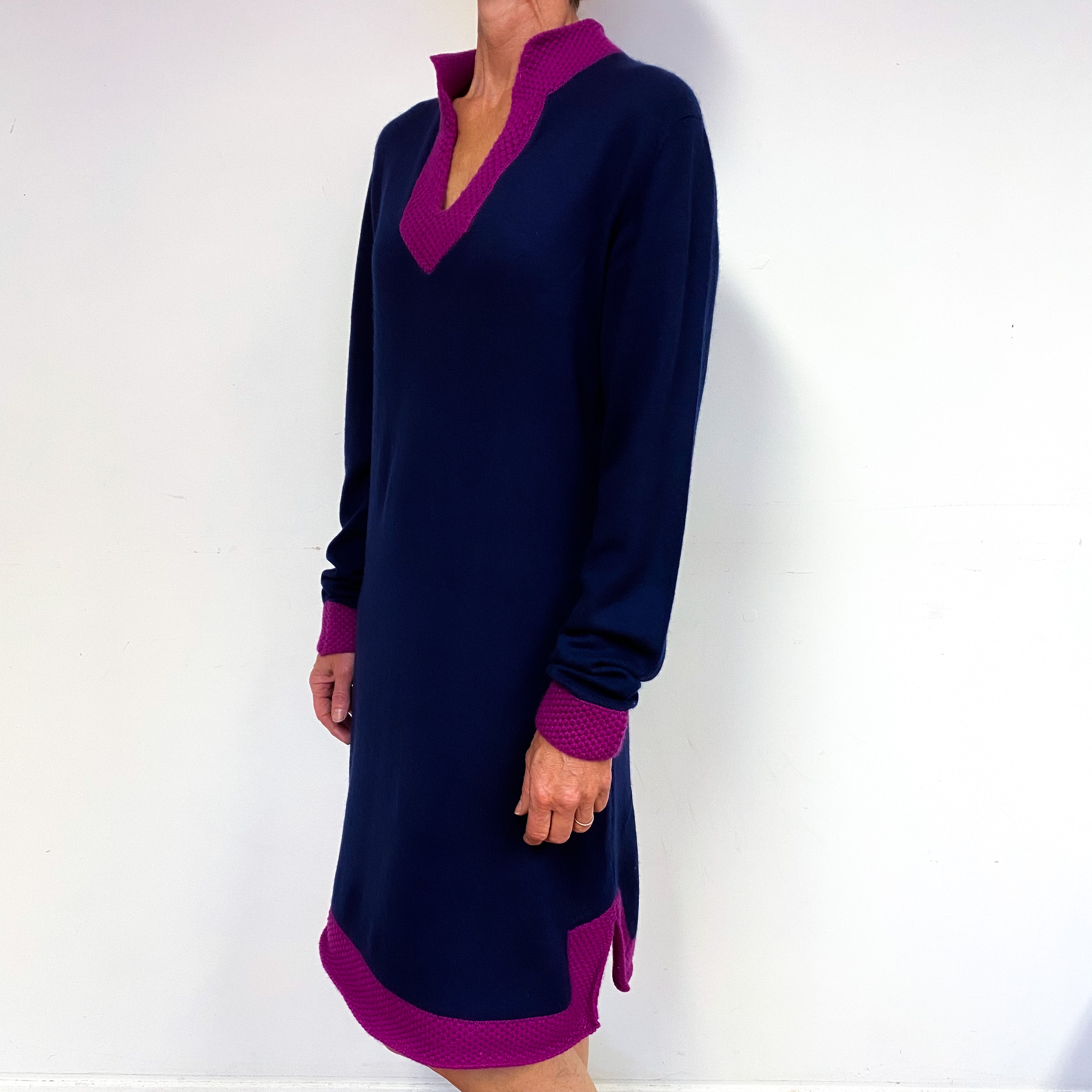 Navy Blue and Magenta Cashmere Notch Neck Dress Medium