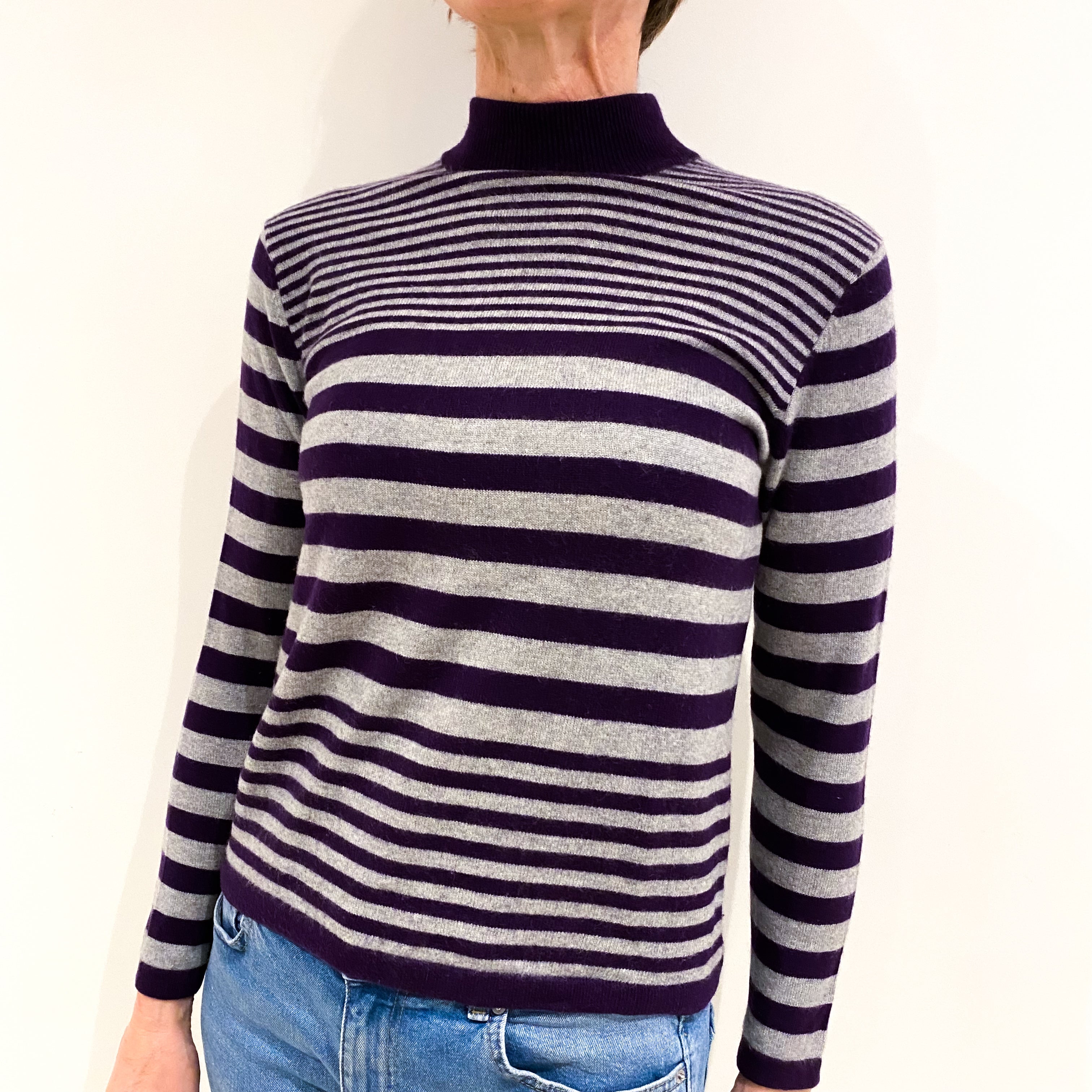 Purple And Grey Stipe Cashmere Turtle Neck Jumper Small