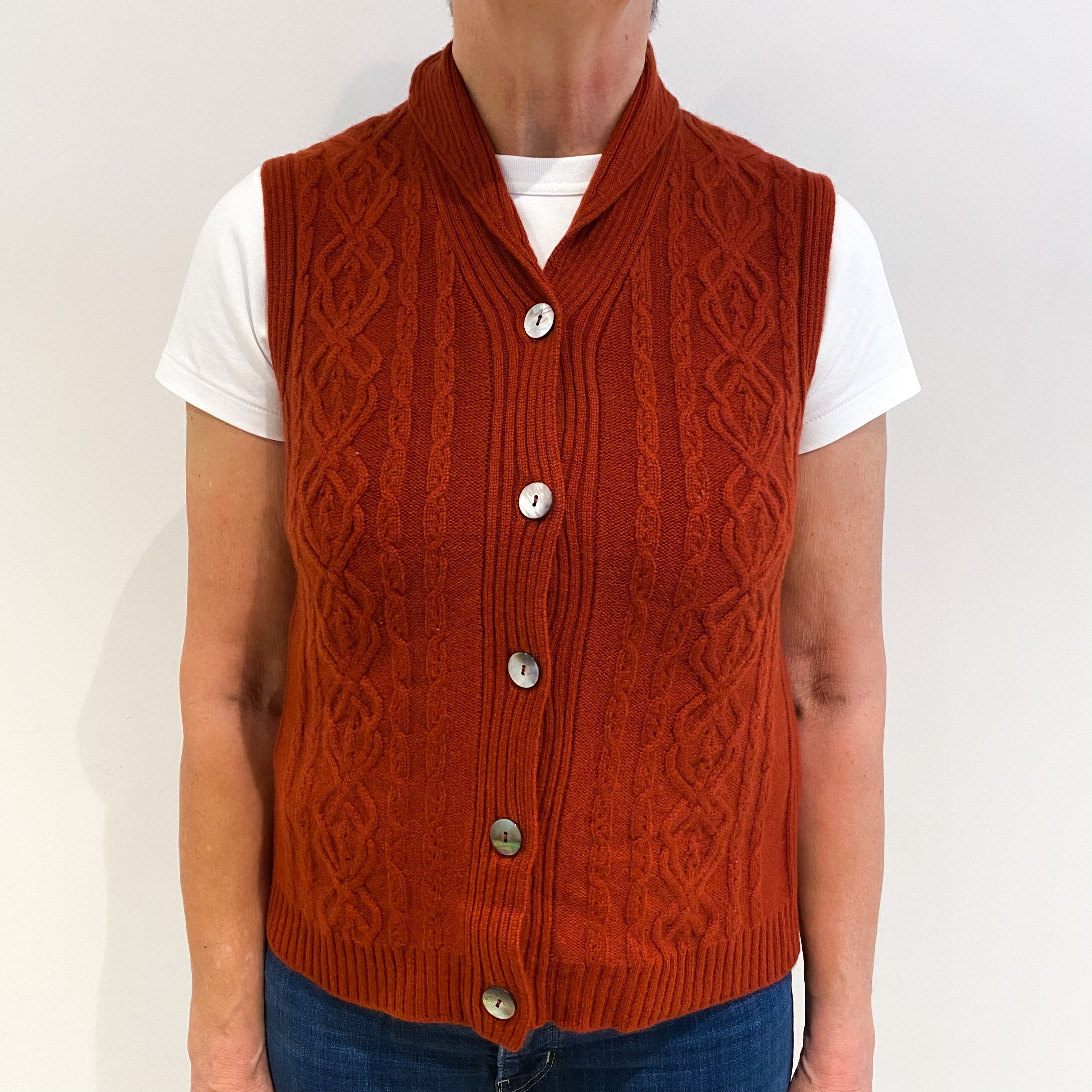 Rust Red Cashmere Shaw Collar Neck Cable Knit Gilet Medium