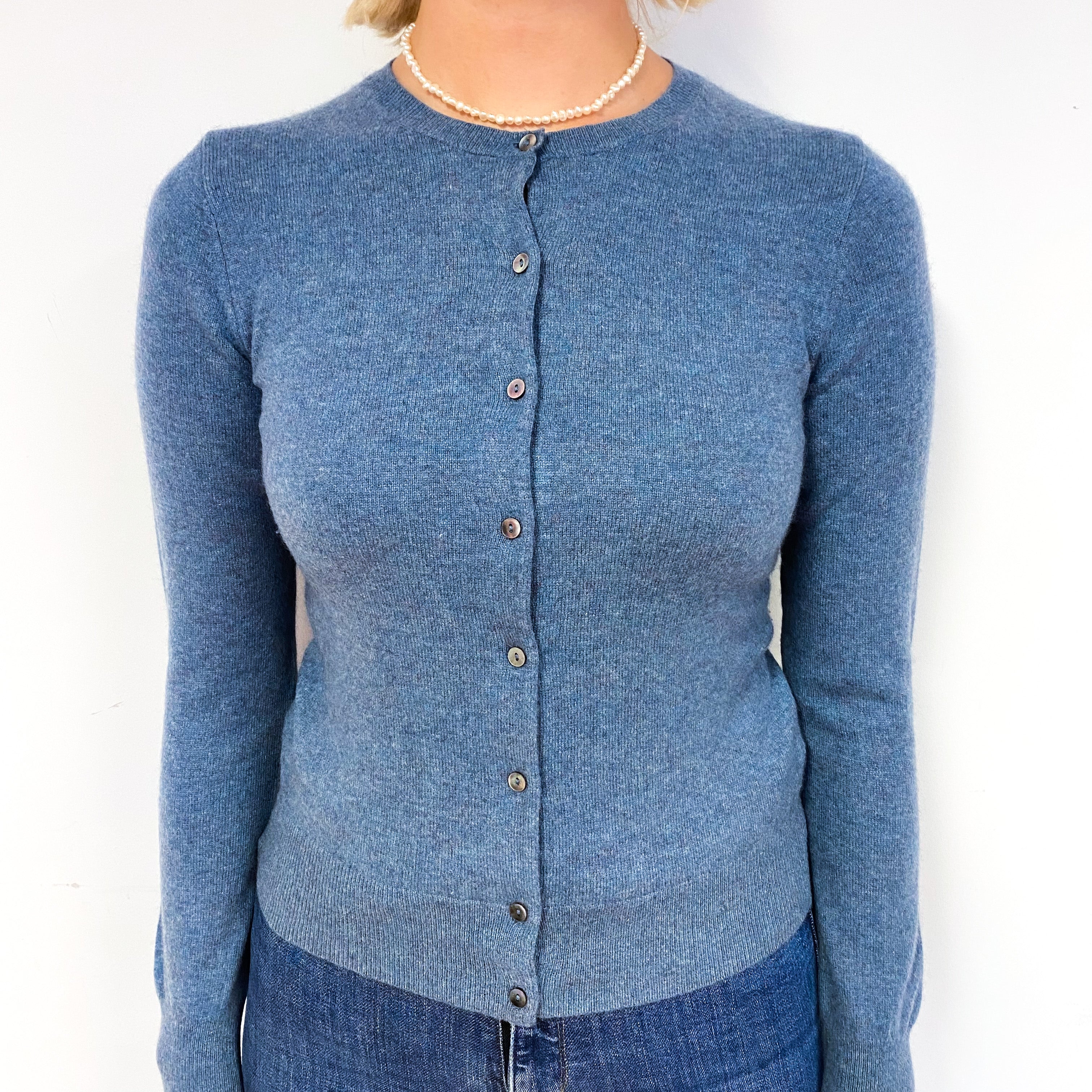 Deep Denim Blue Cashmere Crew Neck Cardigan Small