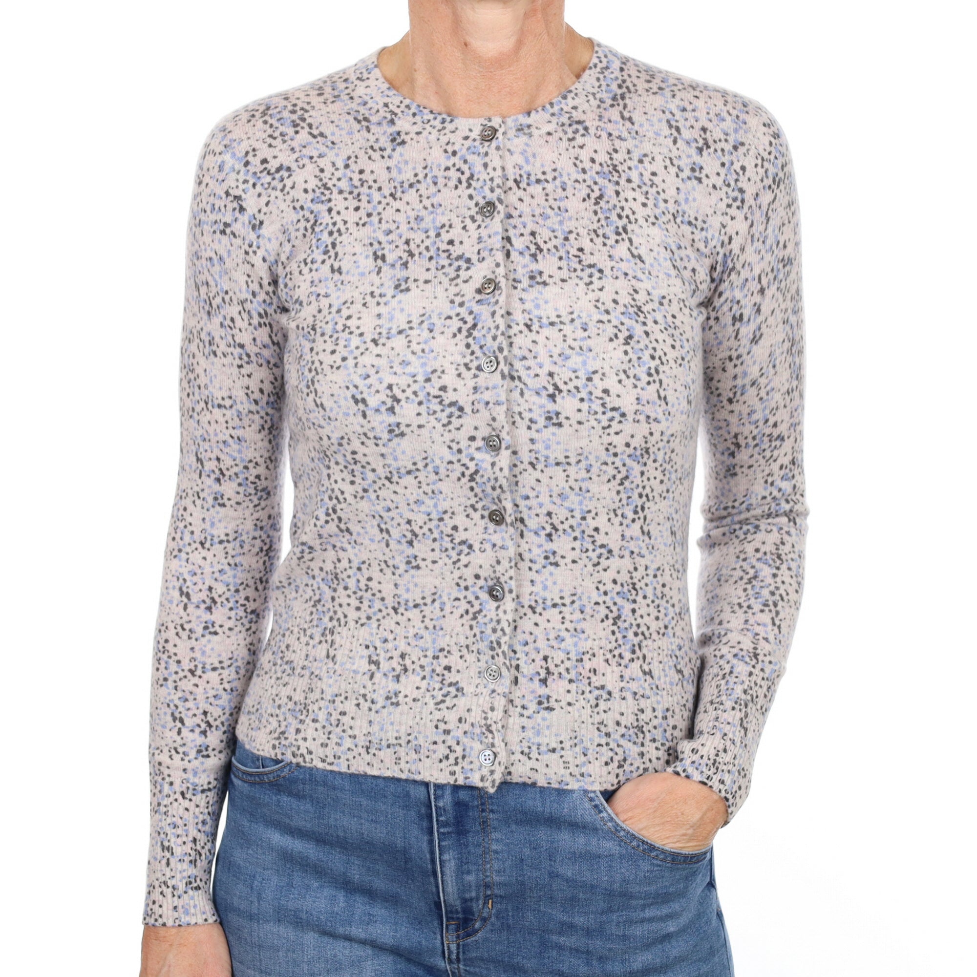 New Grey and Blue Speckled Cashmere Crew Neck Cardigan Small