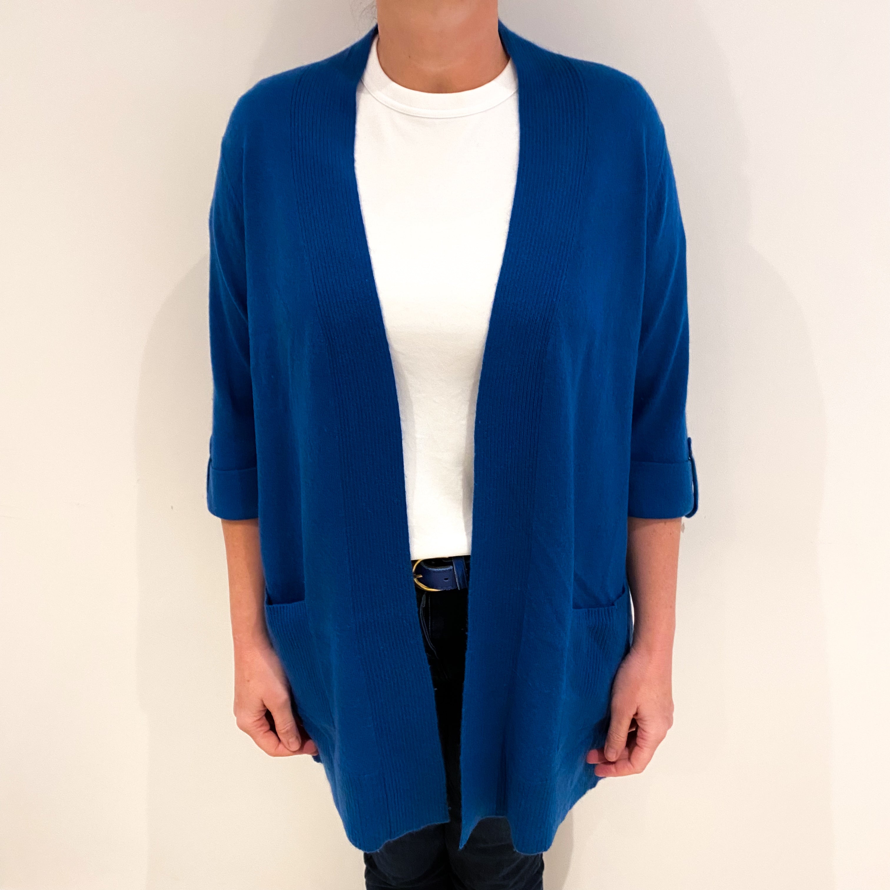 Teal Blue Cashmere 3/4 Sleeve Edge to Edge Cardigan Large