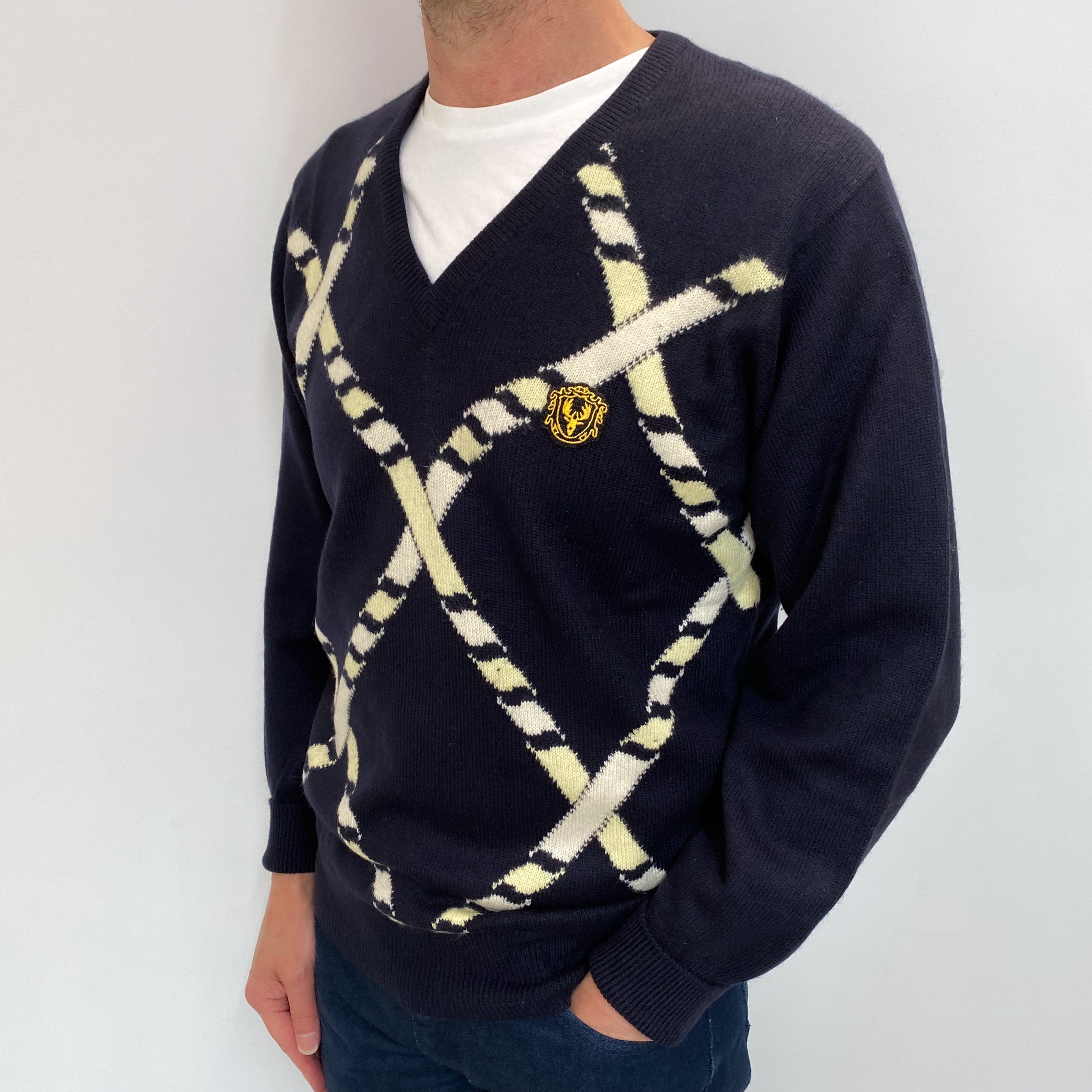 Men's Vintage Scottish Navy Diamond Cashmere V Neck Jumper Small