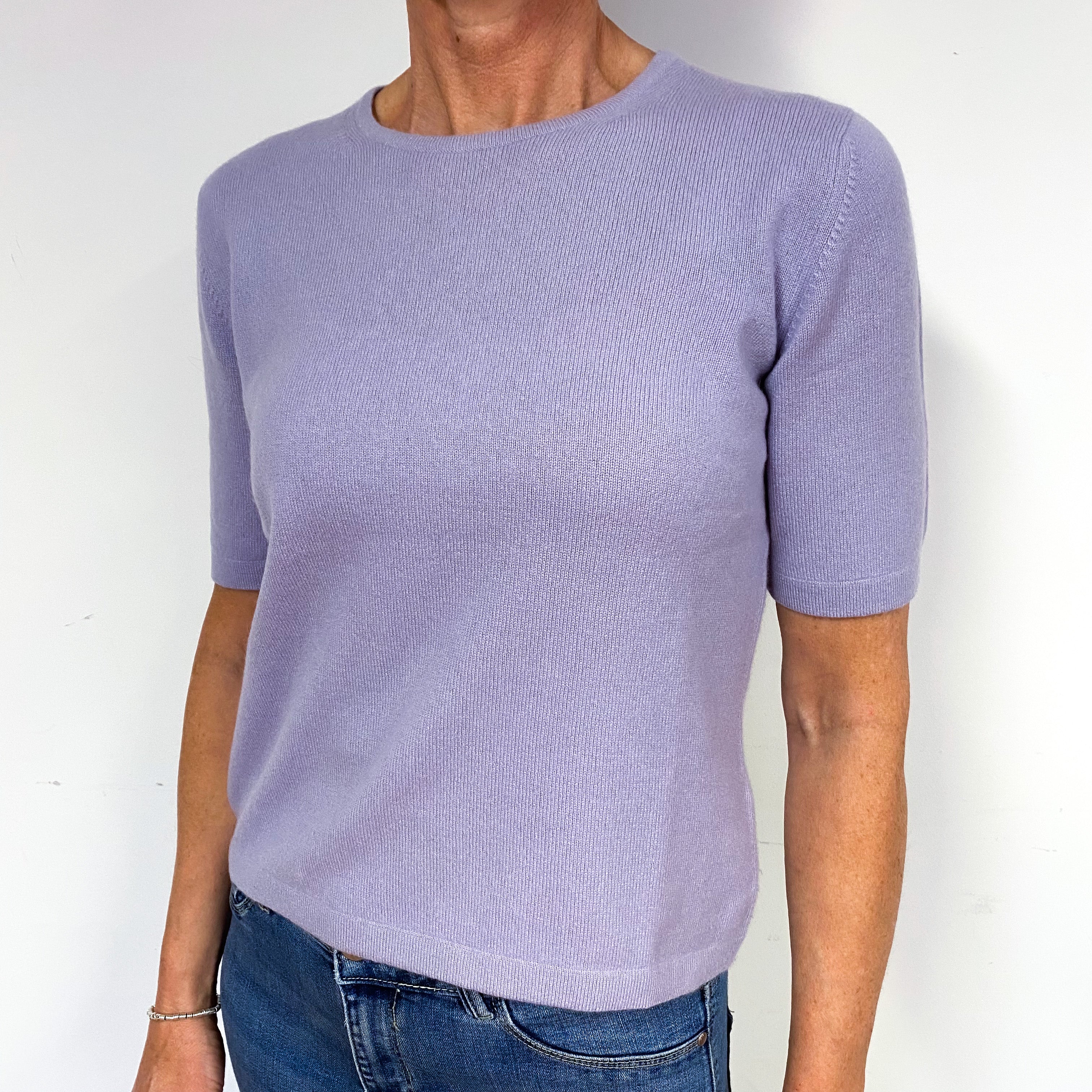 Pale Purple Short Sleeve Cashmere Crew Neck Jumper Medium