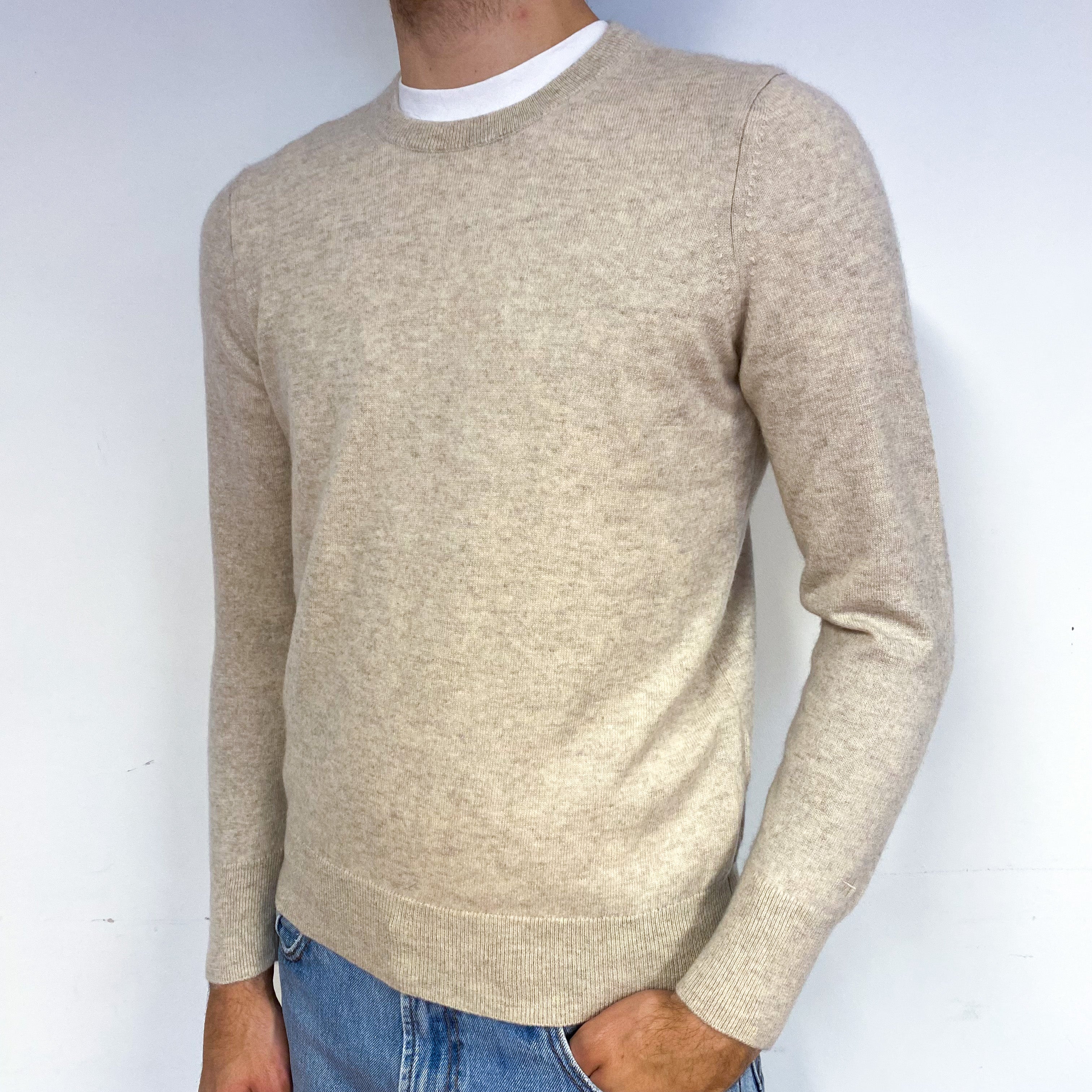 Men's Oatmeal Beige Cashmere Crew Neck Jumper Medium