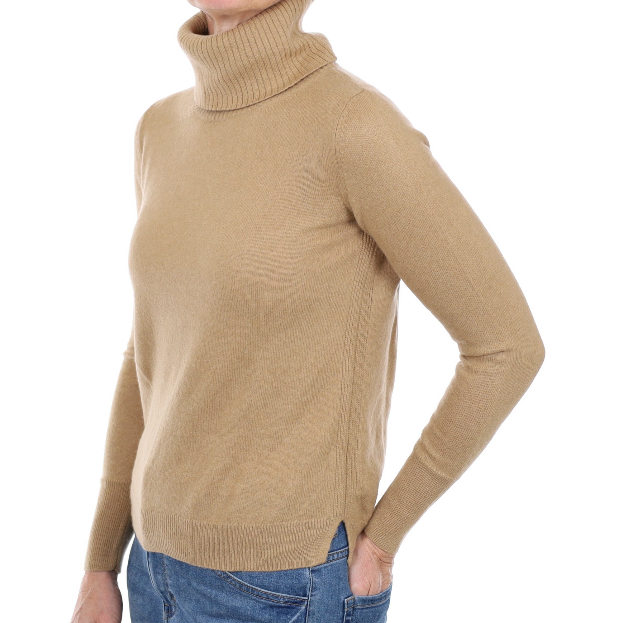 Camel Brown Cashmere Polo Neck Jumper Small