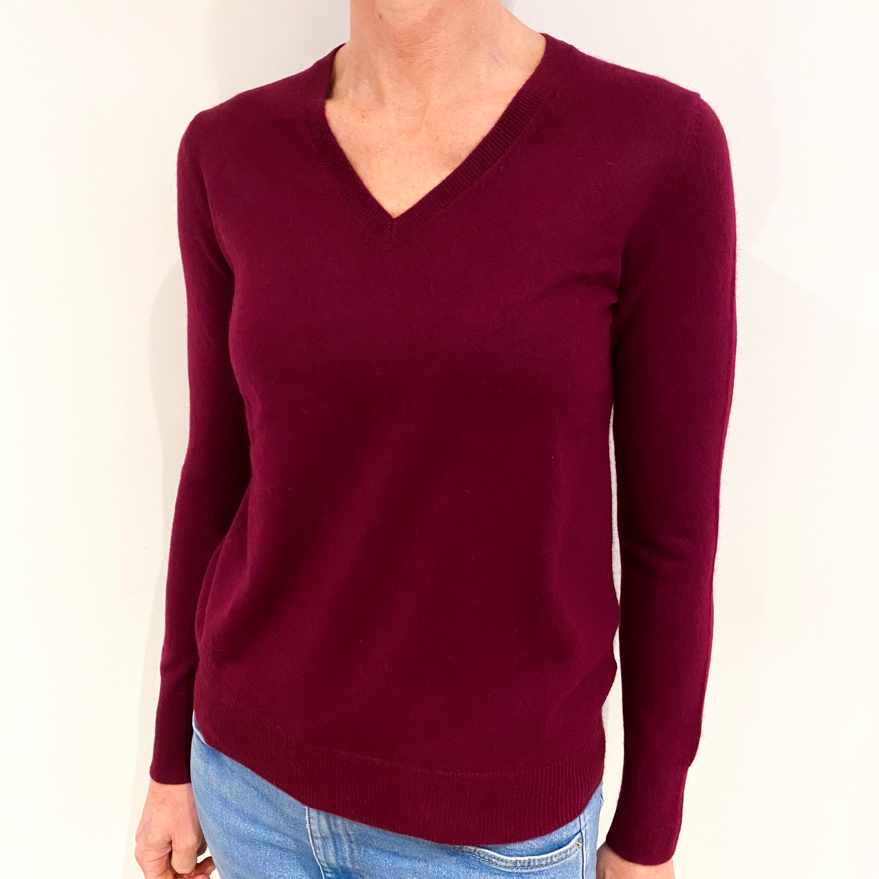 Burgundy Red Cashmere V Neck Jumper Small