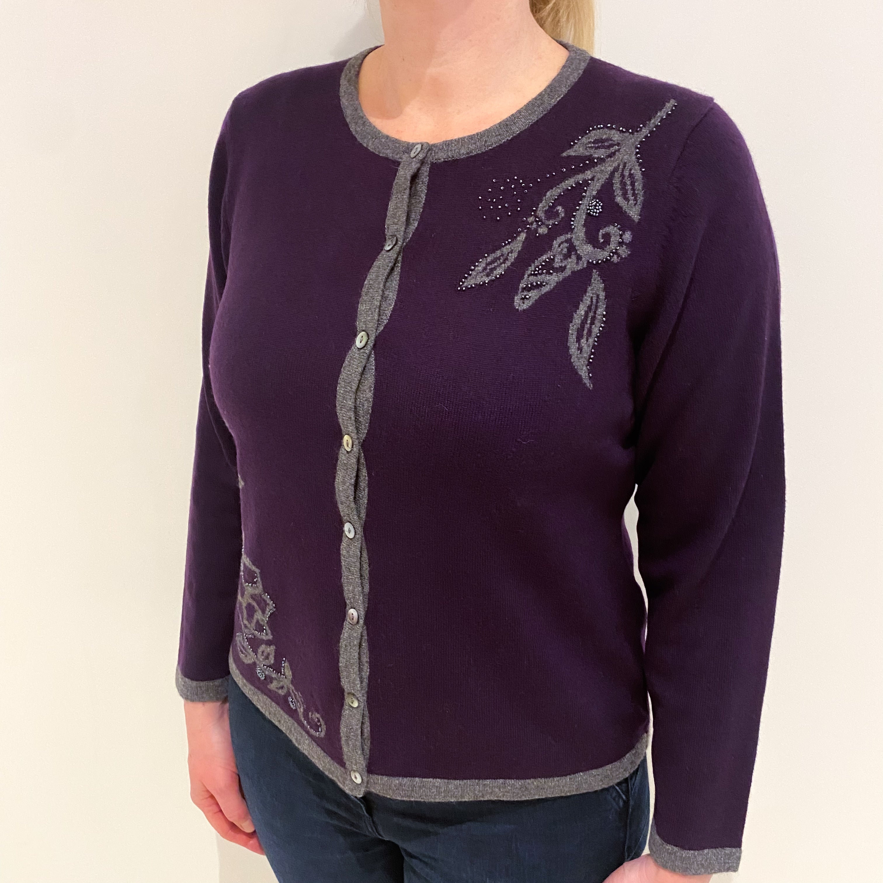 Grape Purple With Floral Design Cashmere Crew Neck Cardigan Large