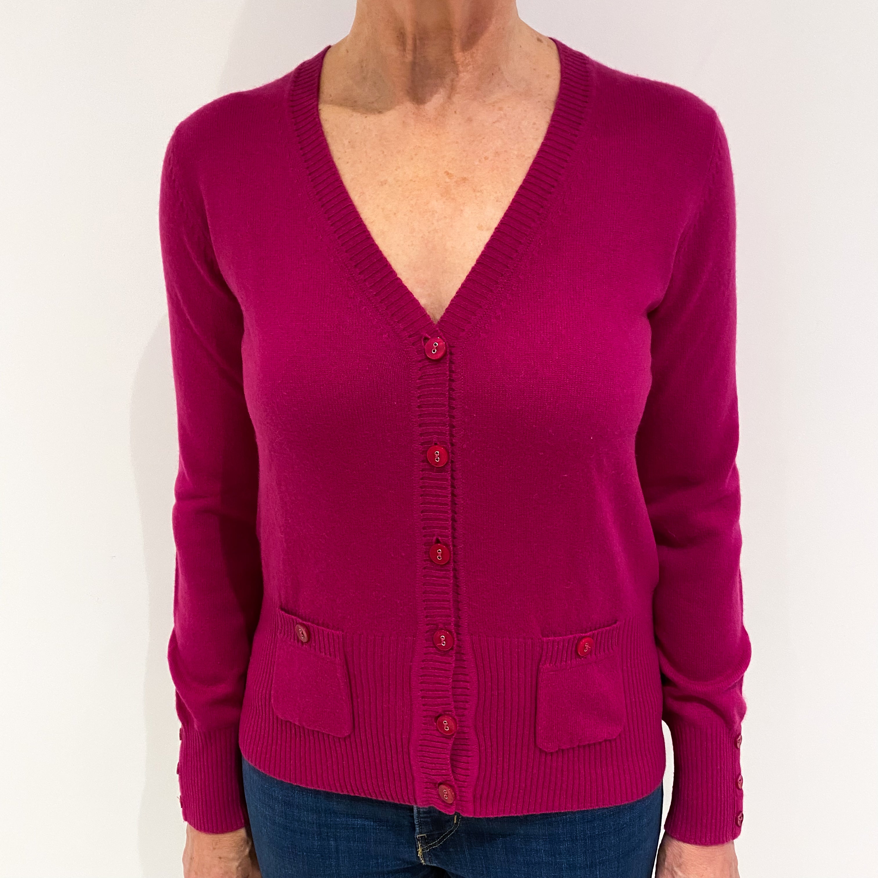 Fuchsia Pink Cashmere V Neck Cardigan with Pockets Medium