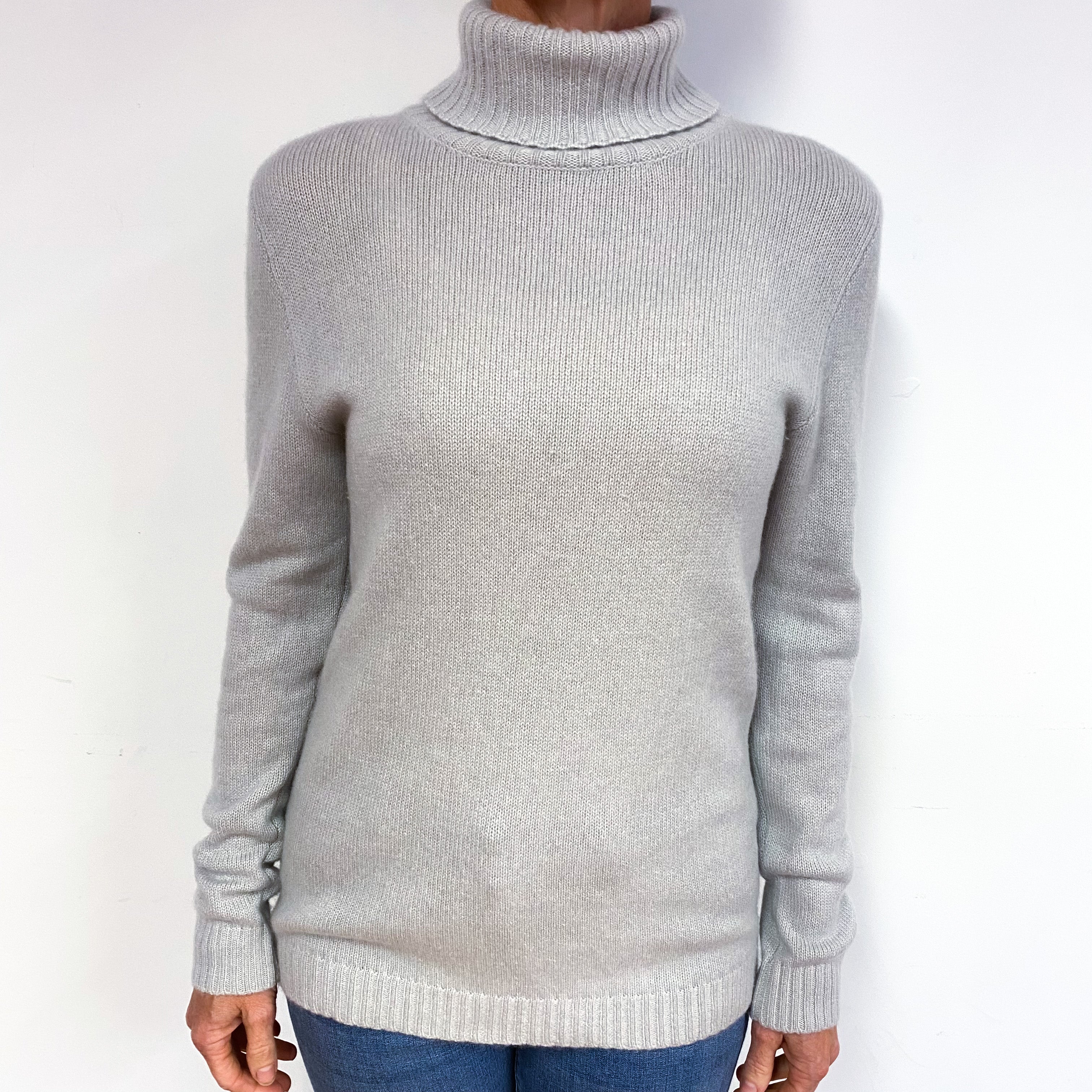 Mist Grey Longline Cashmere Polo Neck Jumper Medium