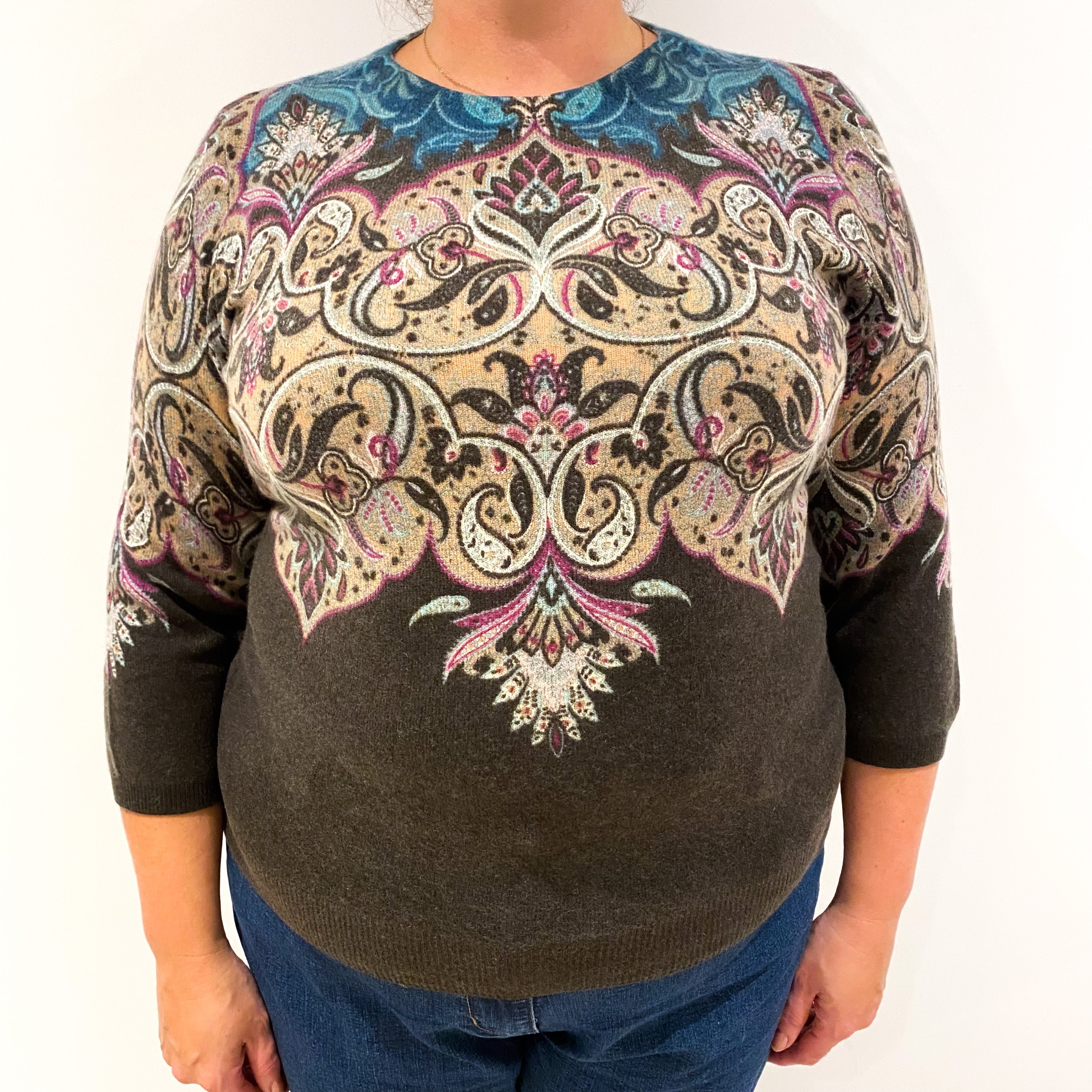 Khaki, Magenta and Turquoise Paisley Cashmere Crew Neck Jumper Extra Large