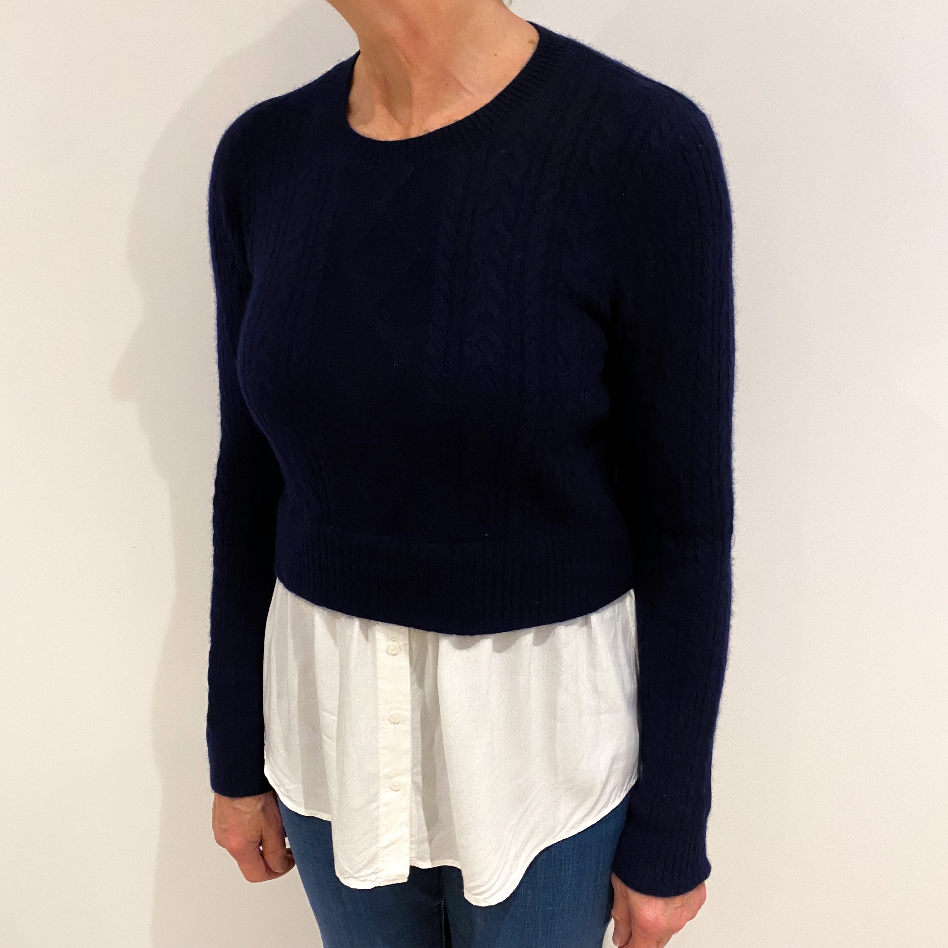 Midnight Blue Cashmere Crew Neck Cable Jumper Medium