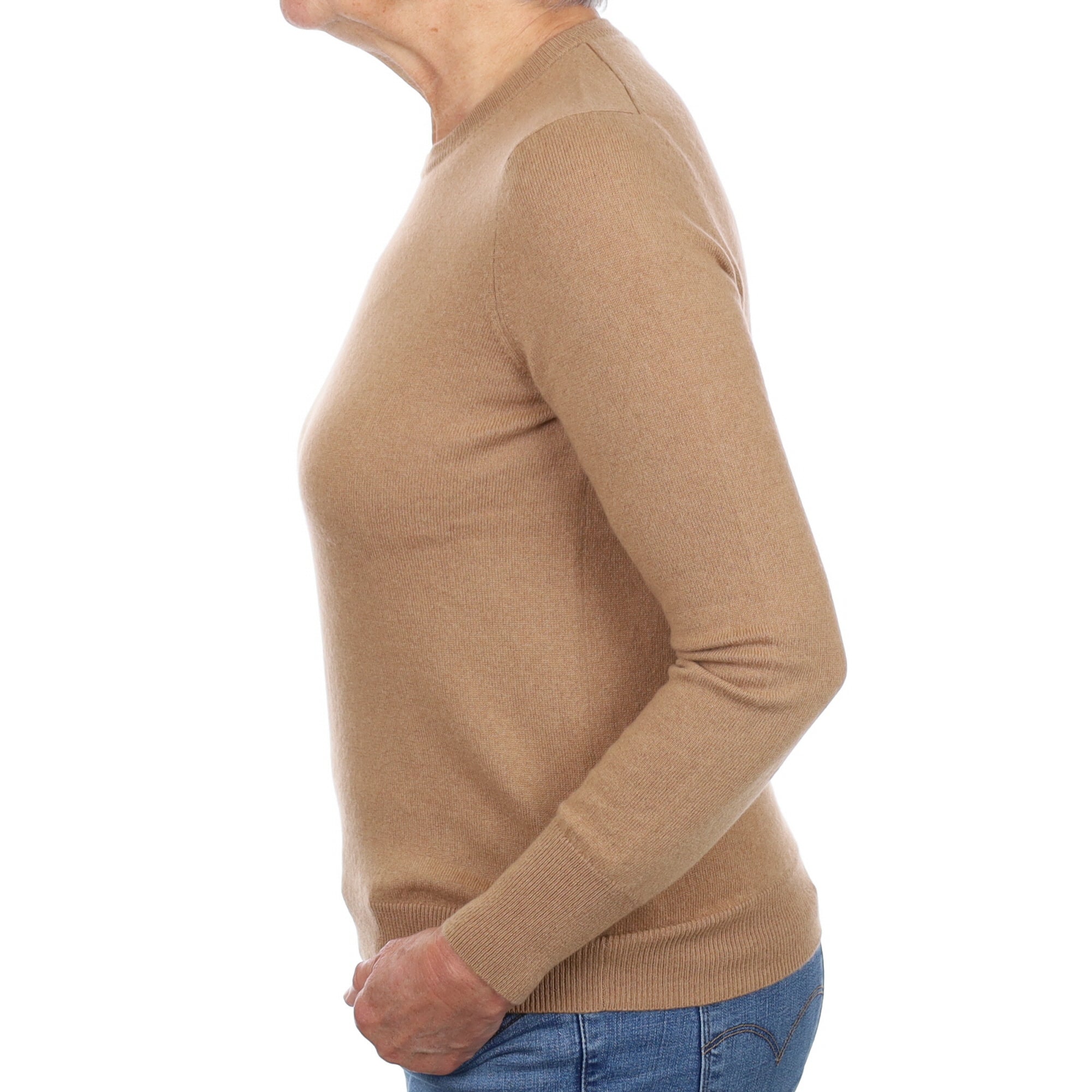 Camel Brown Cashmere Crew Neck Jumper Medium