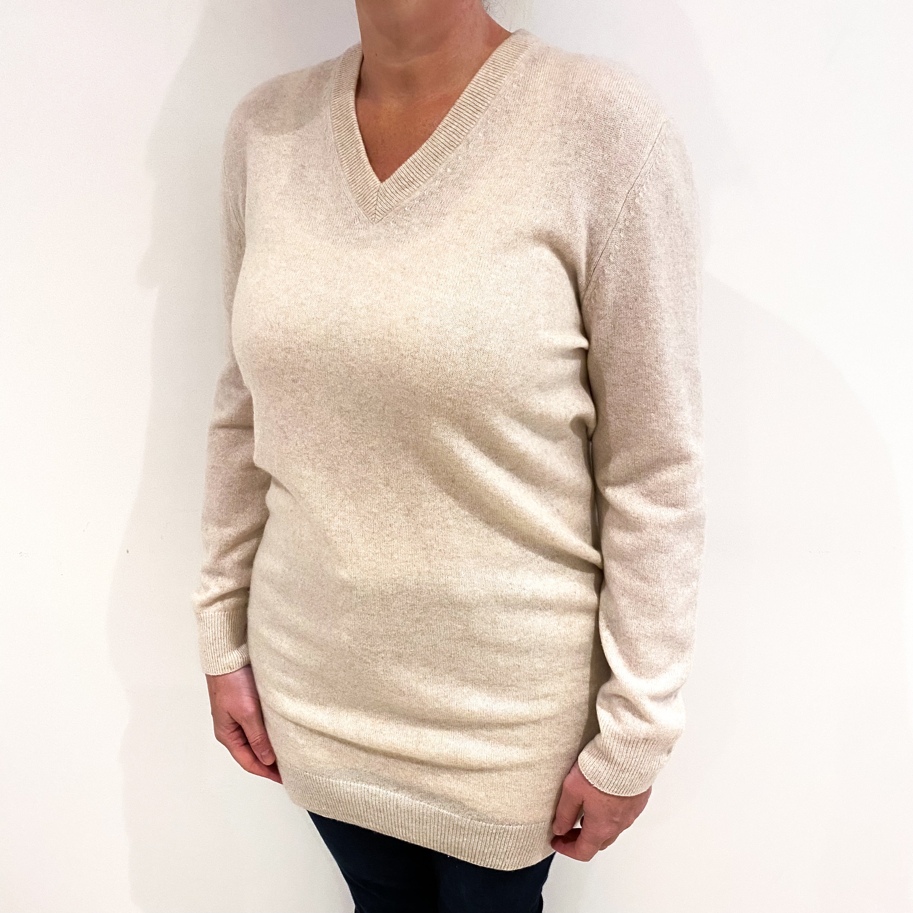 Oatmeal Cashmere V Neck Jumper with Elbow Patches Large