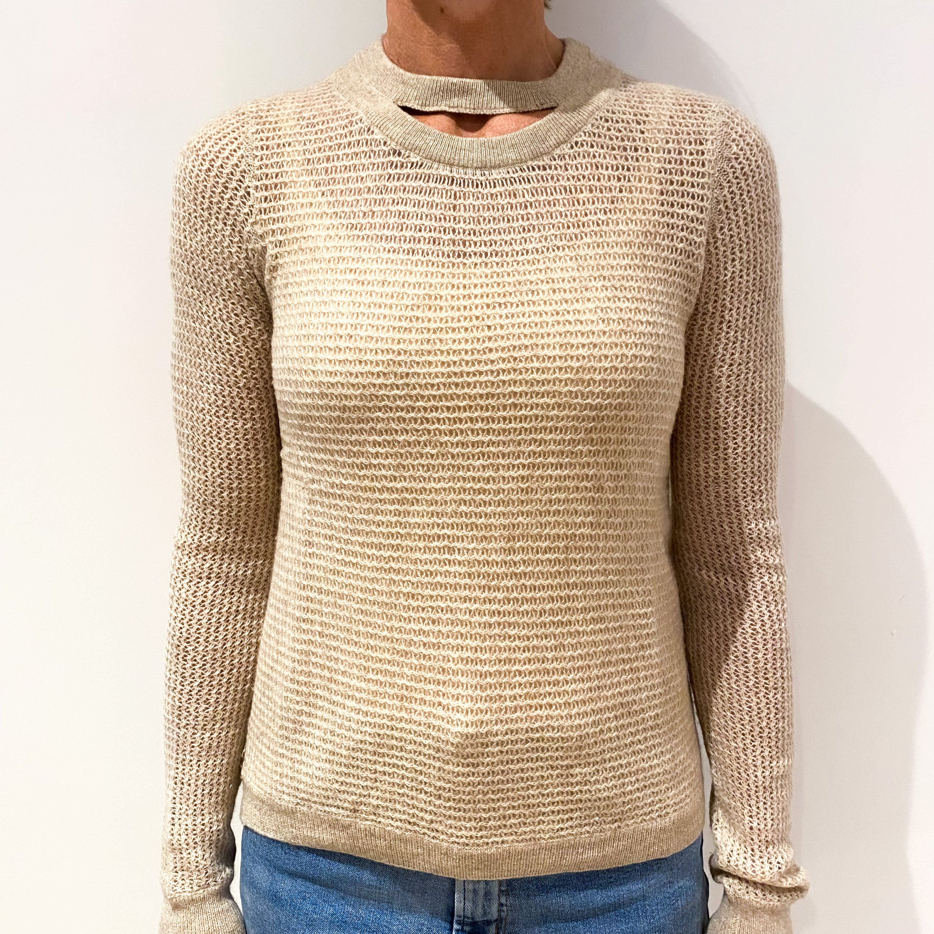 Oatmeal Beige Loose Knit Cashmere Crew Neck Jumper Small