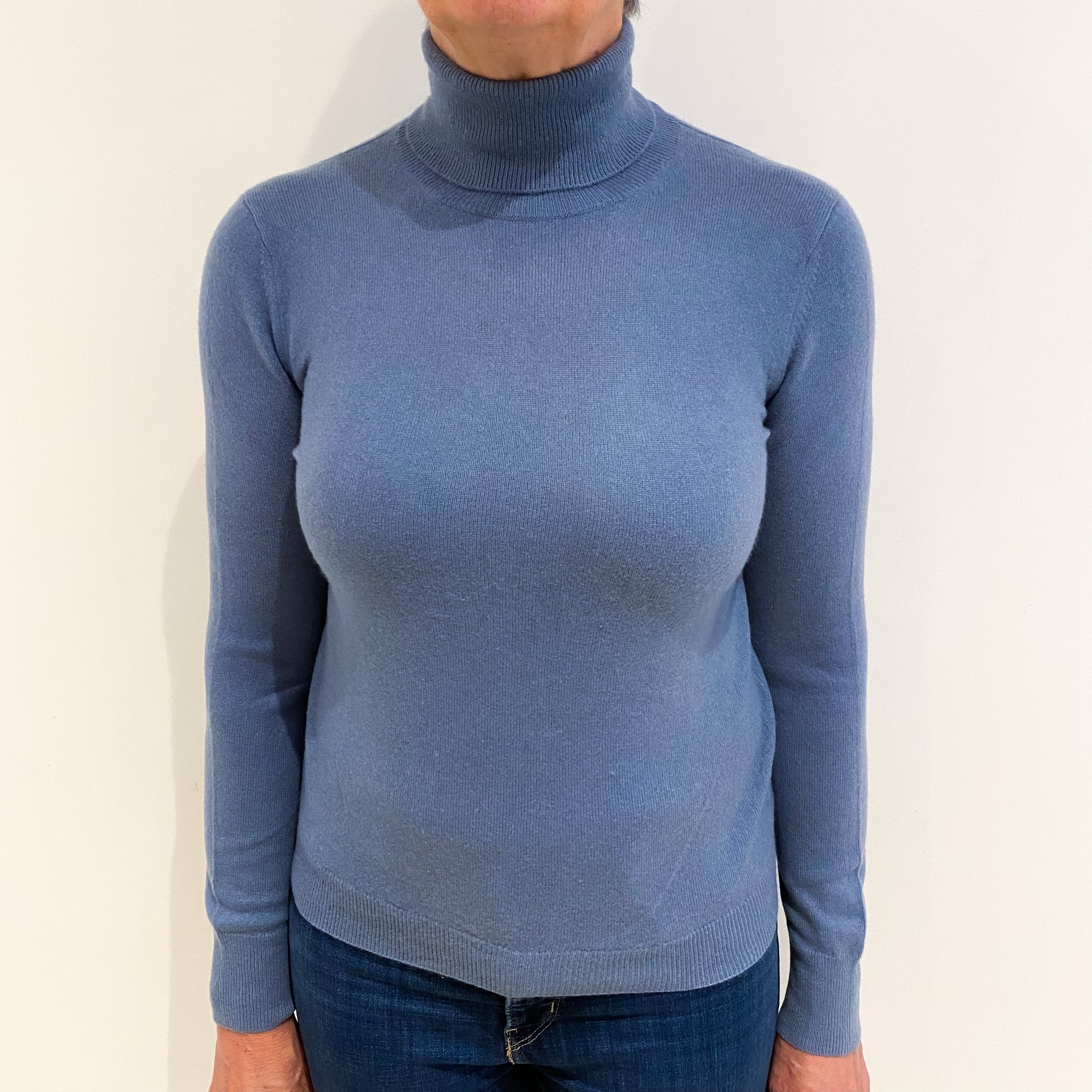 Dusty Blue Cashmere Polo Neck Jumper Medium