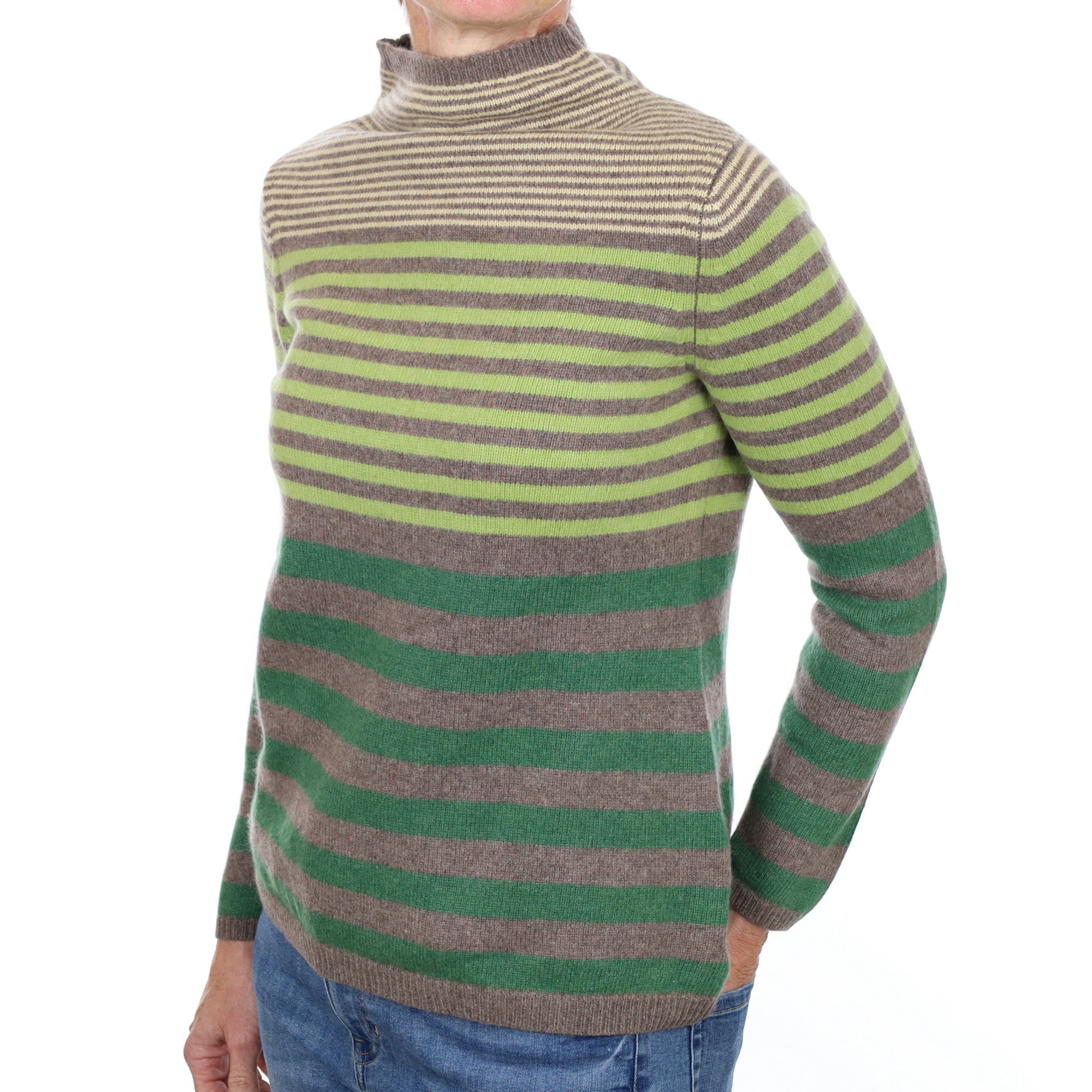 Green and Grey Stripe Cashmere Funnel Neck Jumper Small