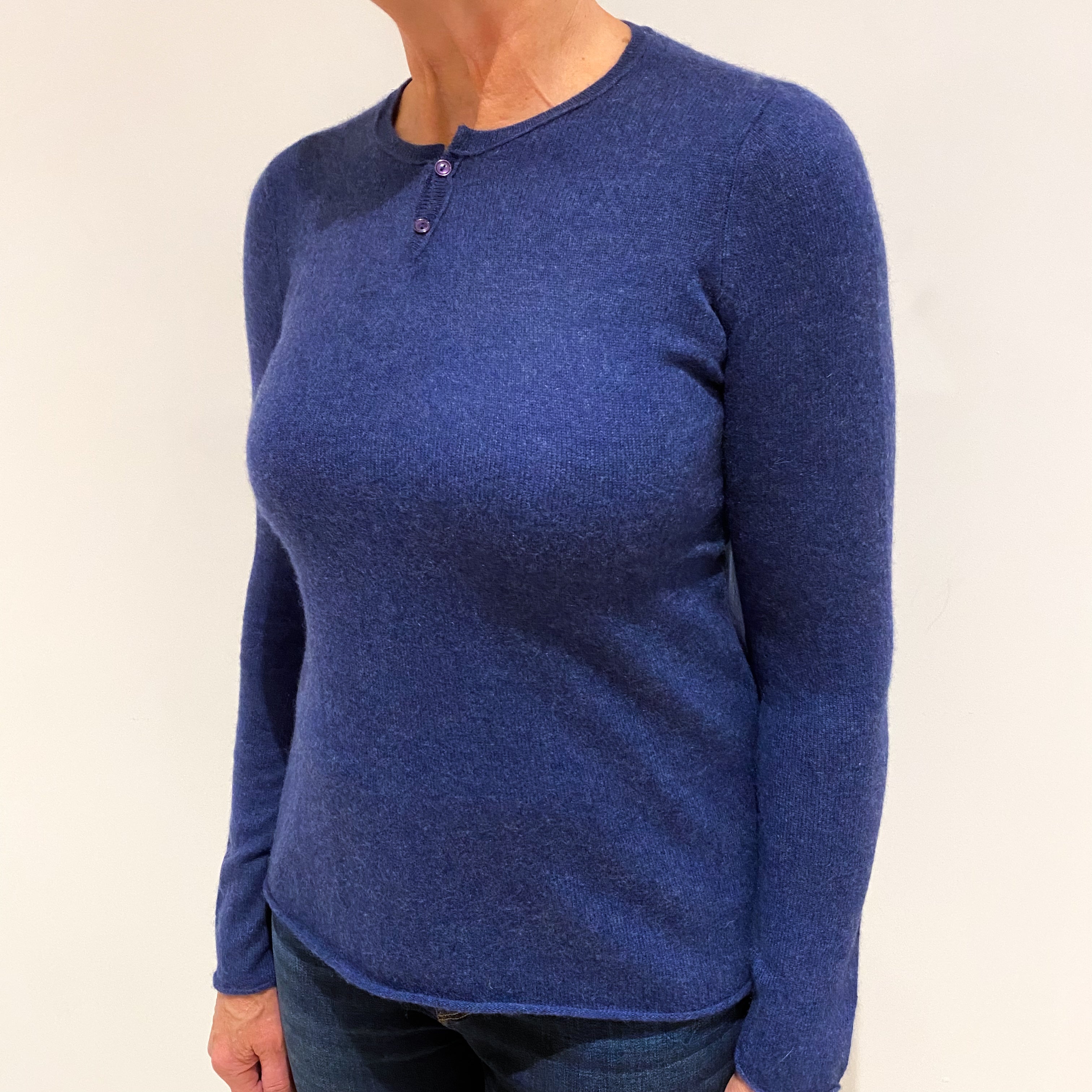 Navy Blue Buttoned Cashmere Crew Neck Jumper Medium