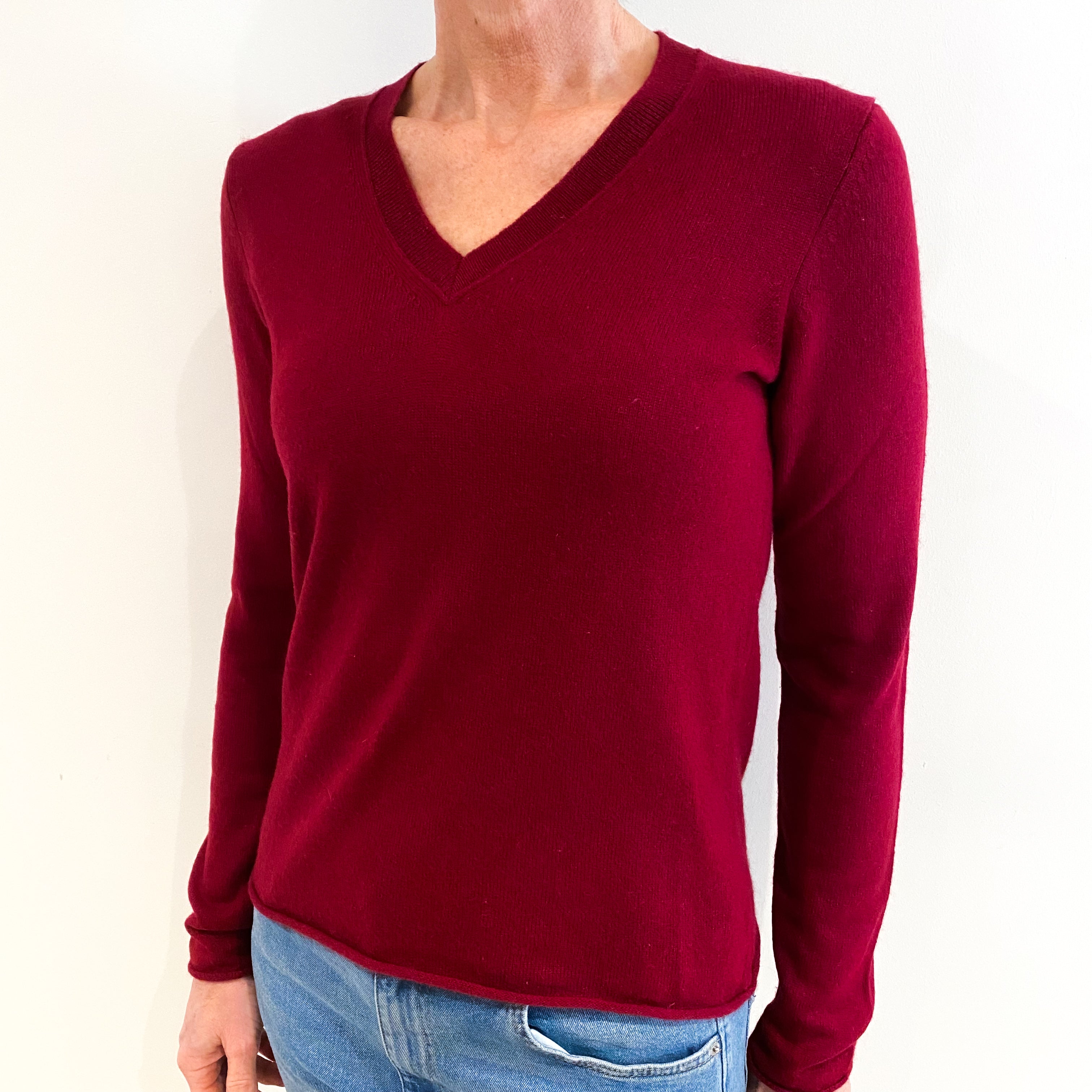 Crimson Red Cashmere V Neck Jumper Small