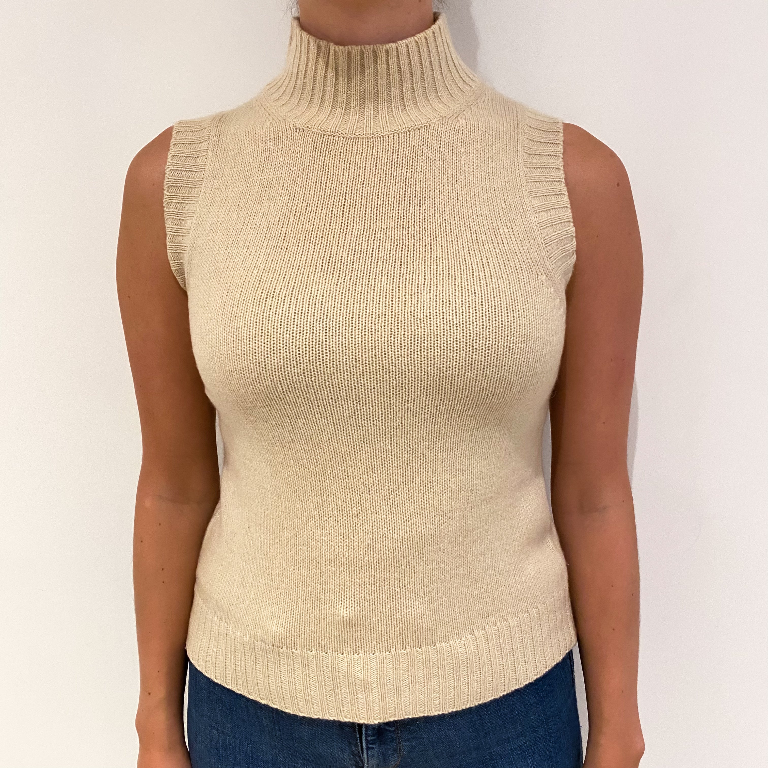 Oatmeal Beige Cashmere Turtle Neck Sleveless Jumper Small