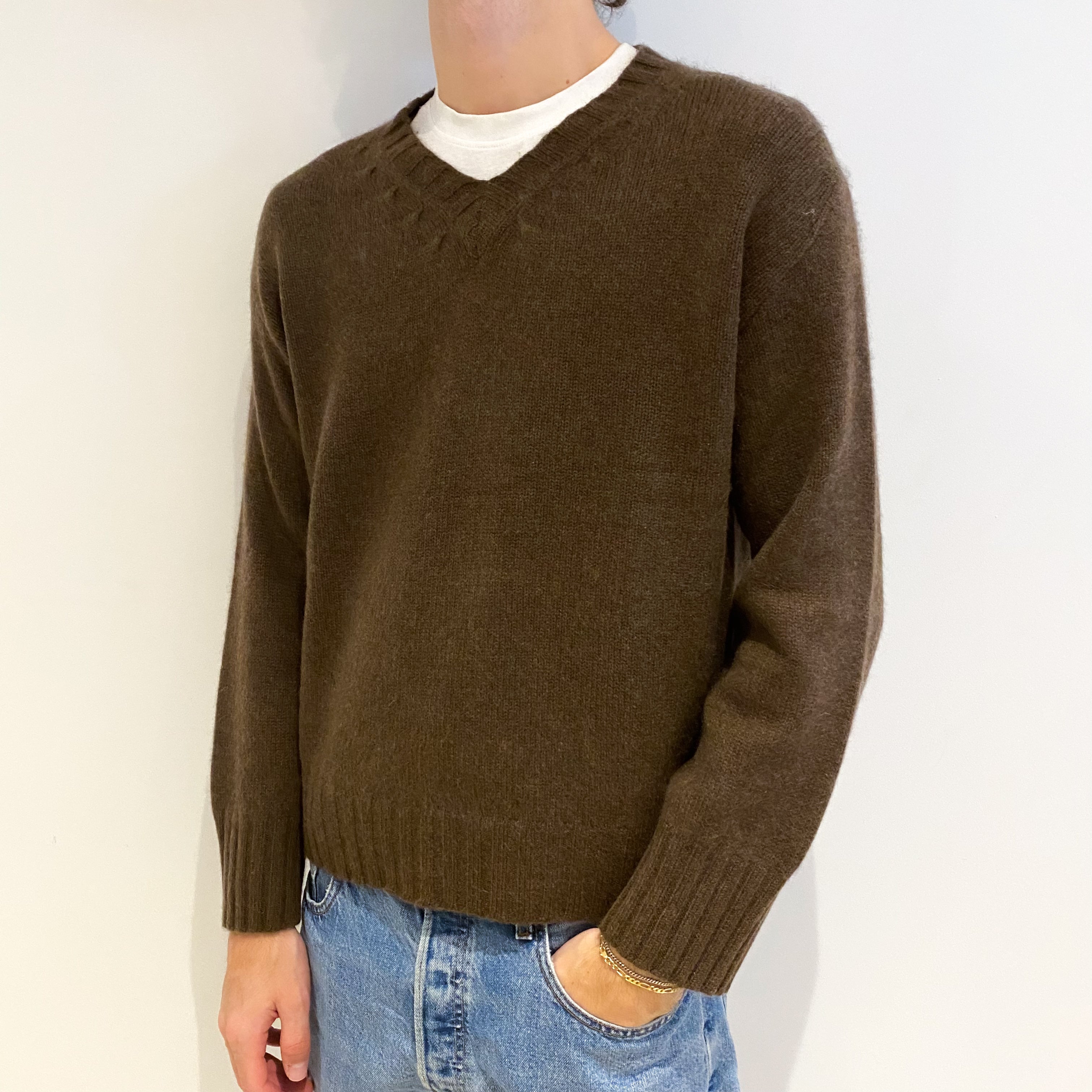 Men's Saddle Brown Heavy Knit Cashmere V Neck Jumper Medium