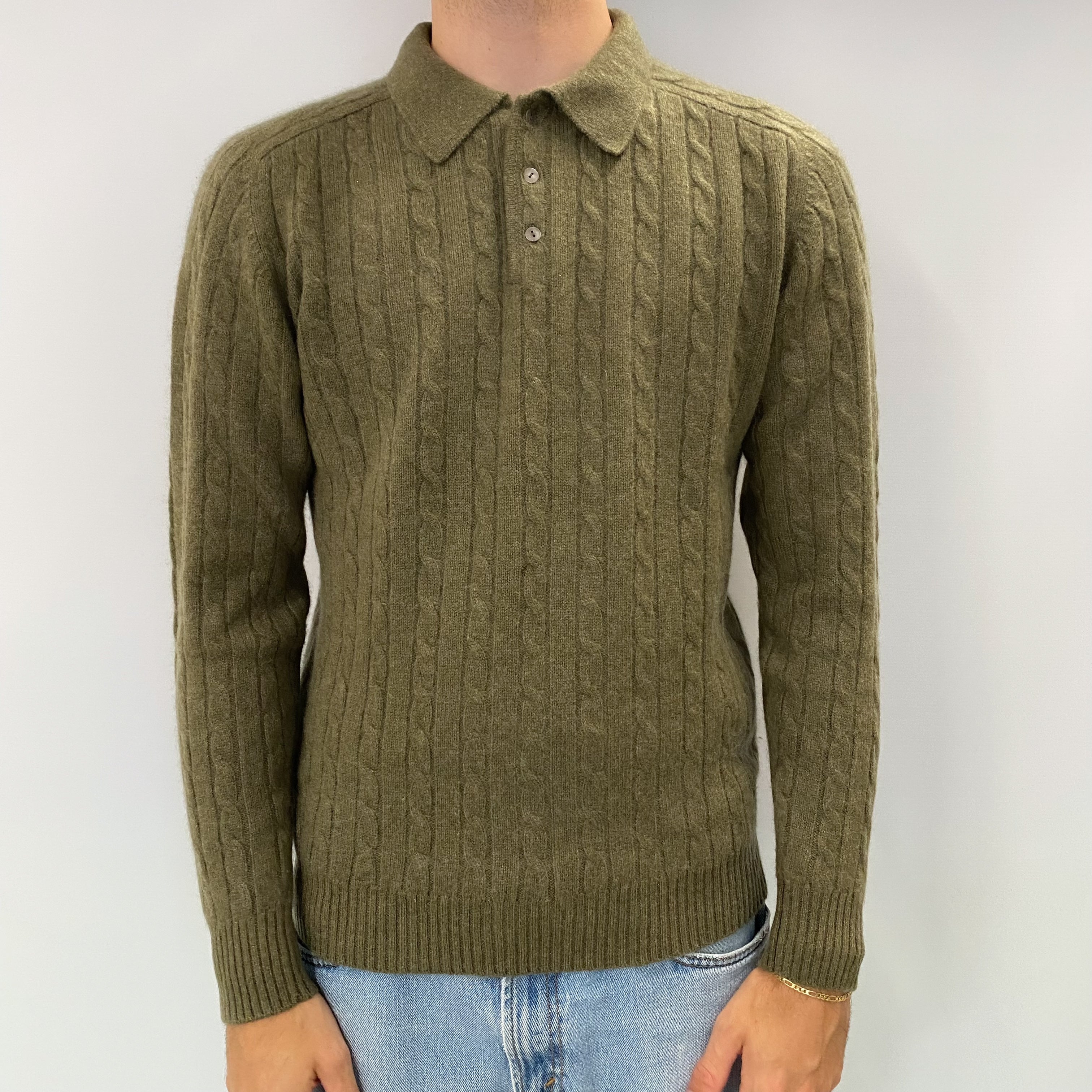 Men's Olive Green Cashmere Collared 1/4 Button Neck Jumper Medium