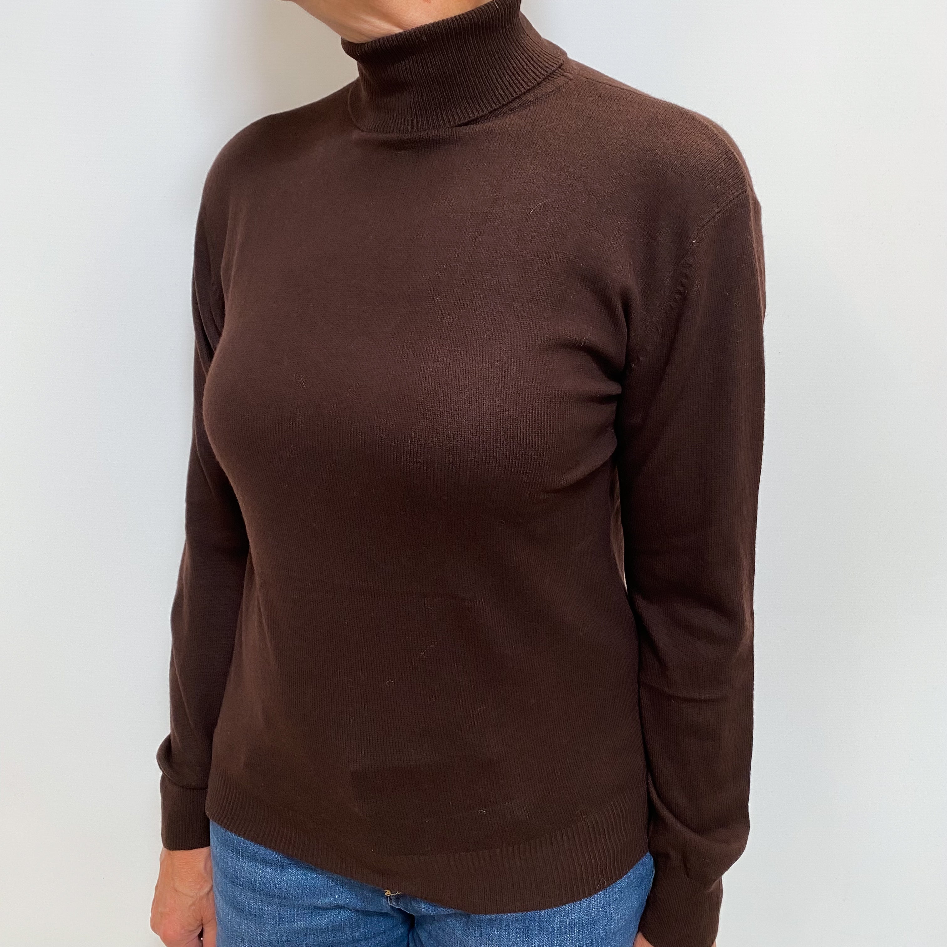 Dark Chocolate Brown Cashmere Polo Neck Jumper Medium